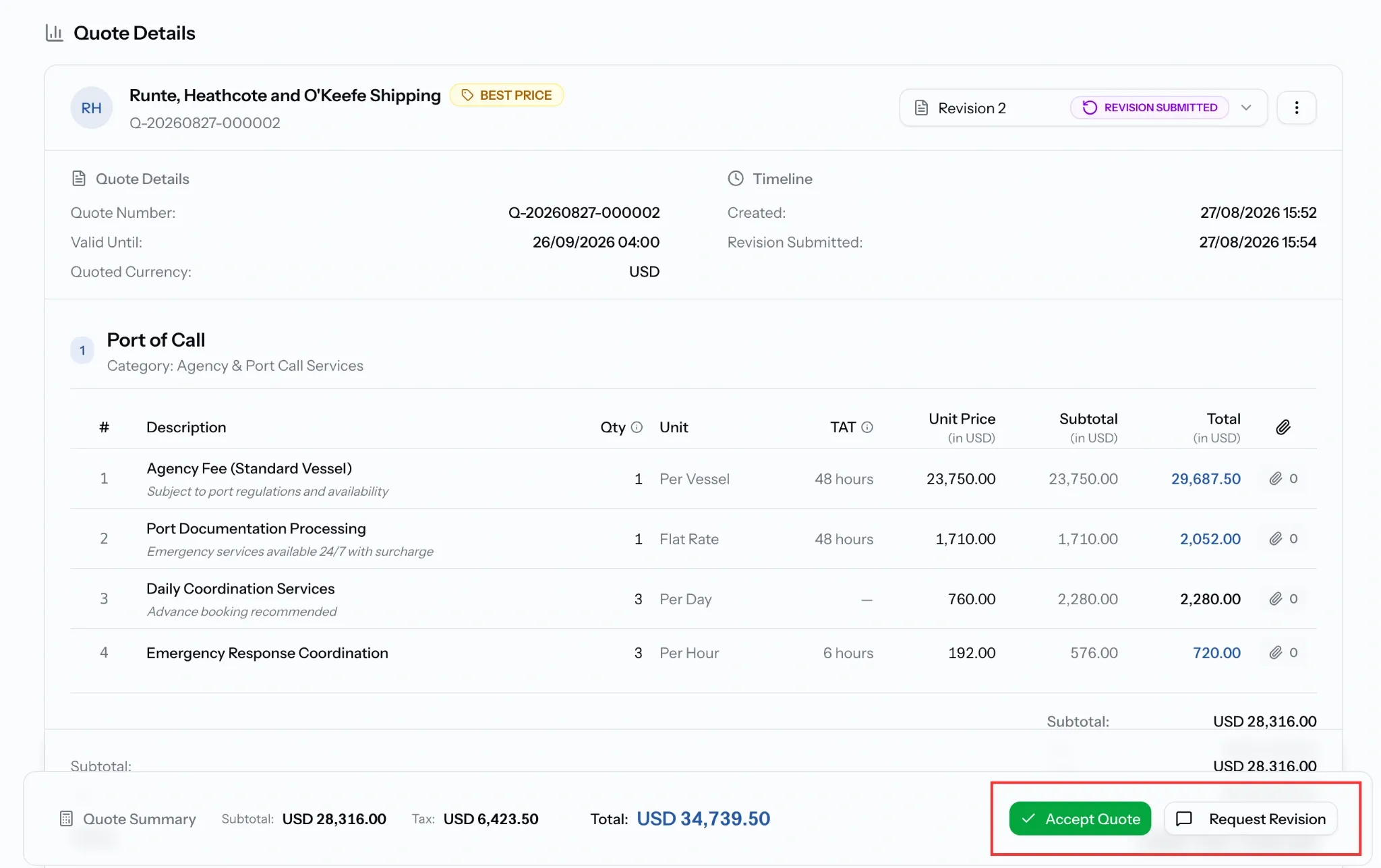 PortzApp quote summary bar showing subtotal, tax and total alongside Accept Quote and Request Revision