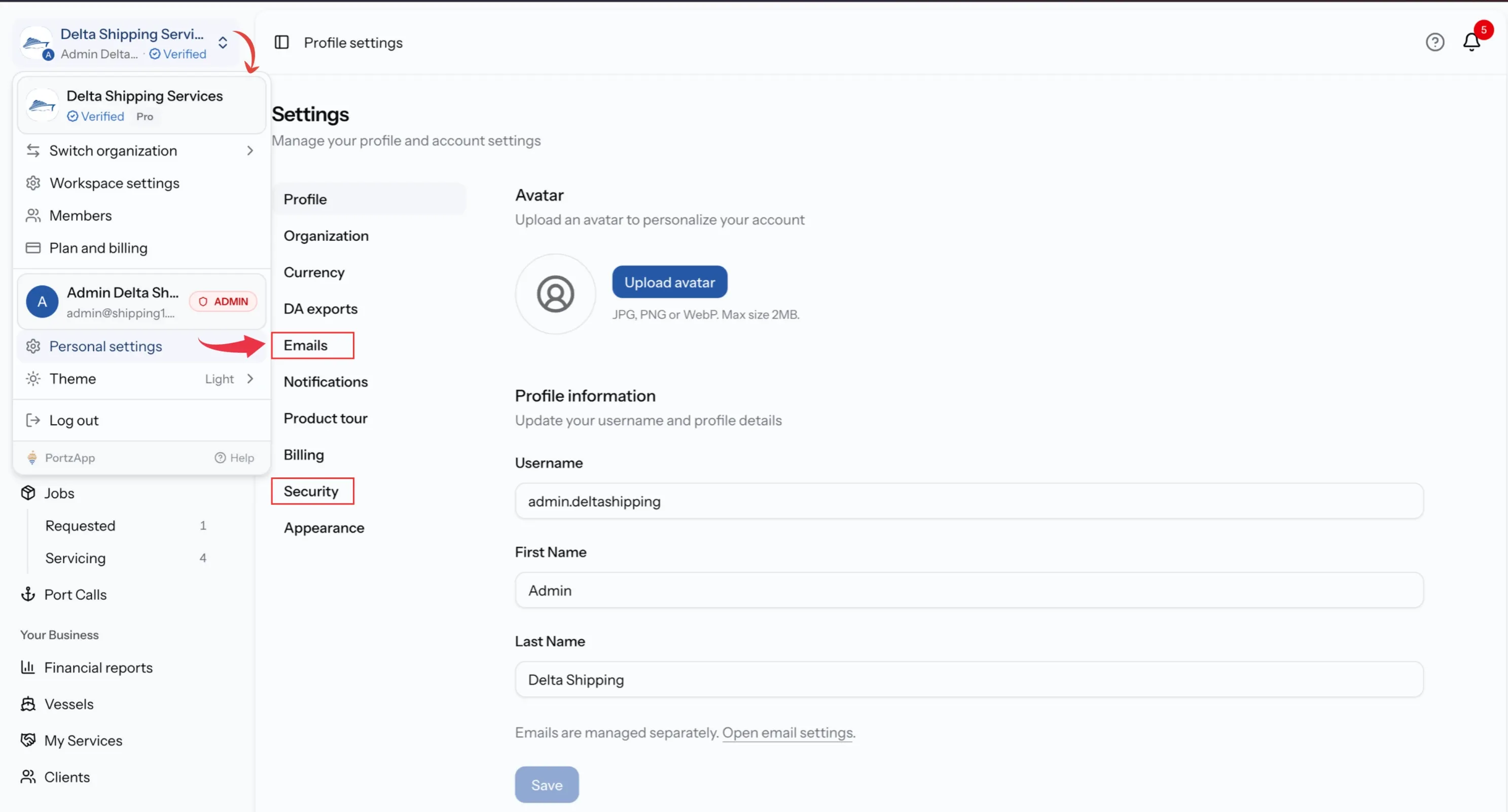 Account menu with Personal settings