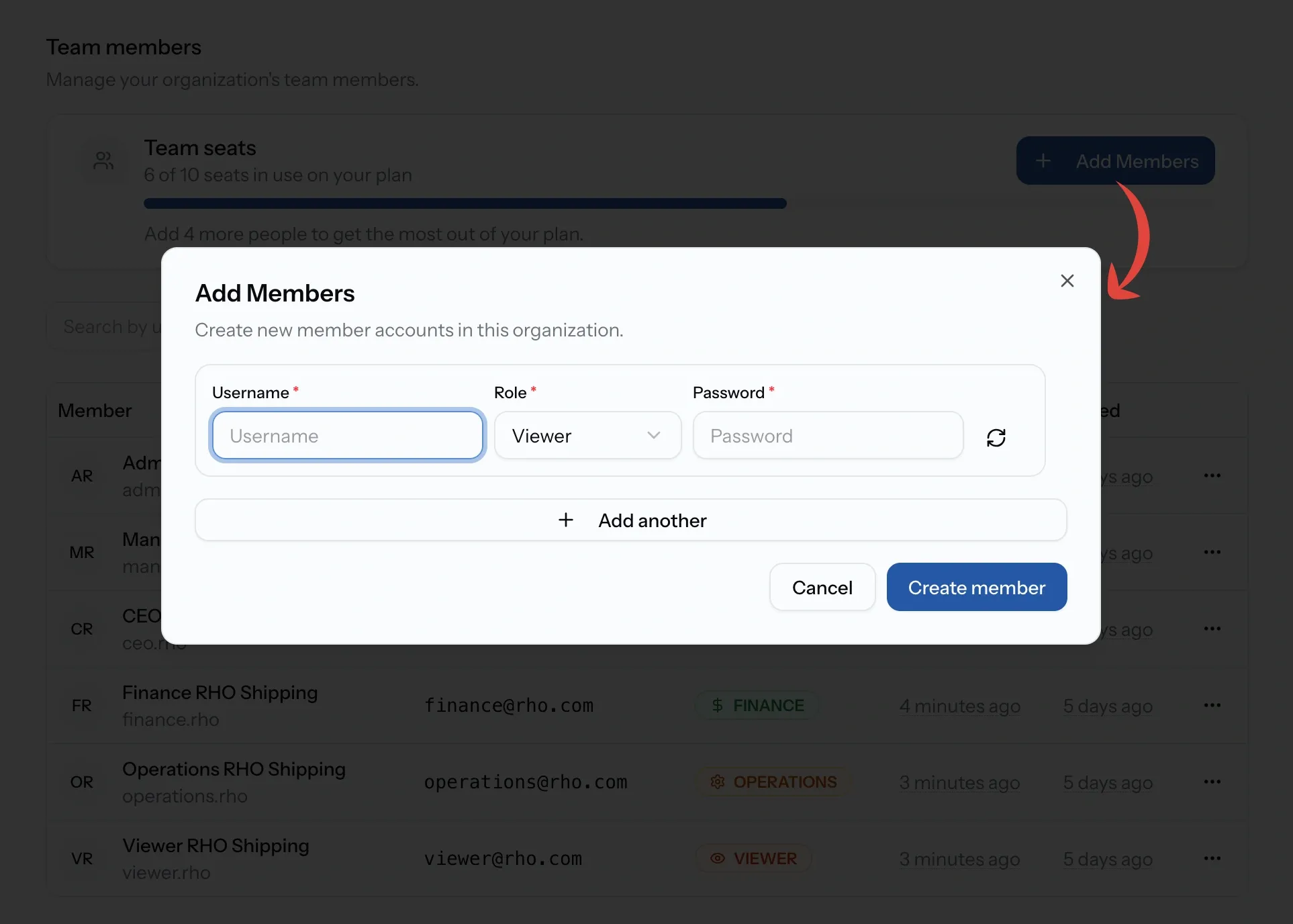 PortzApp add members dialog showing several rows each with a username field, role selector and generated password