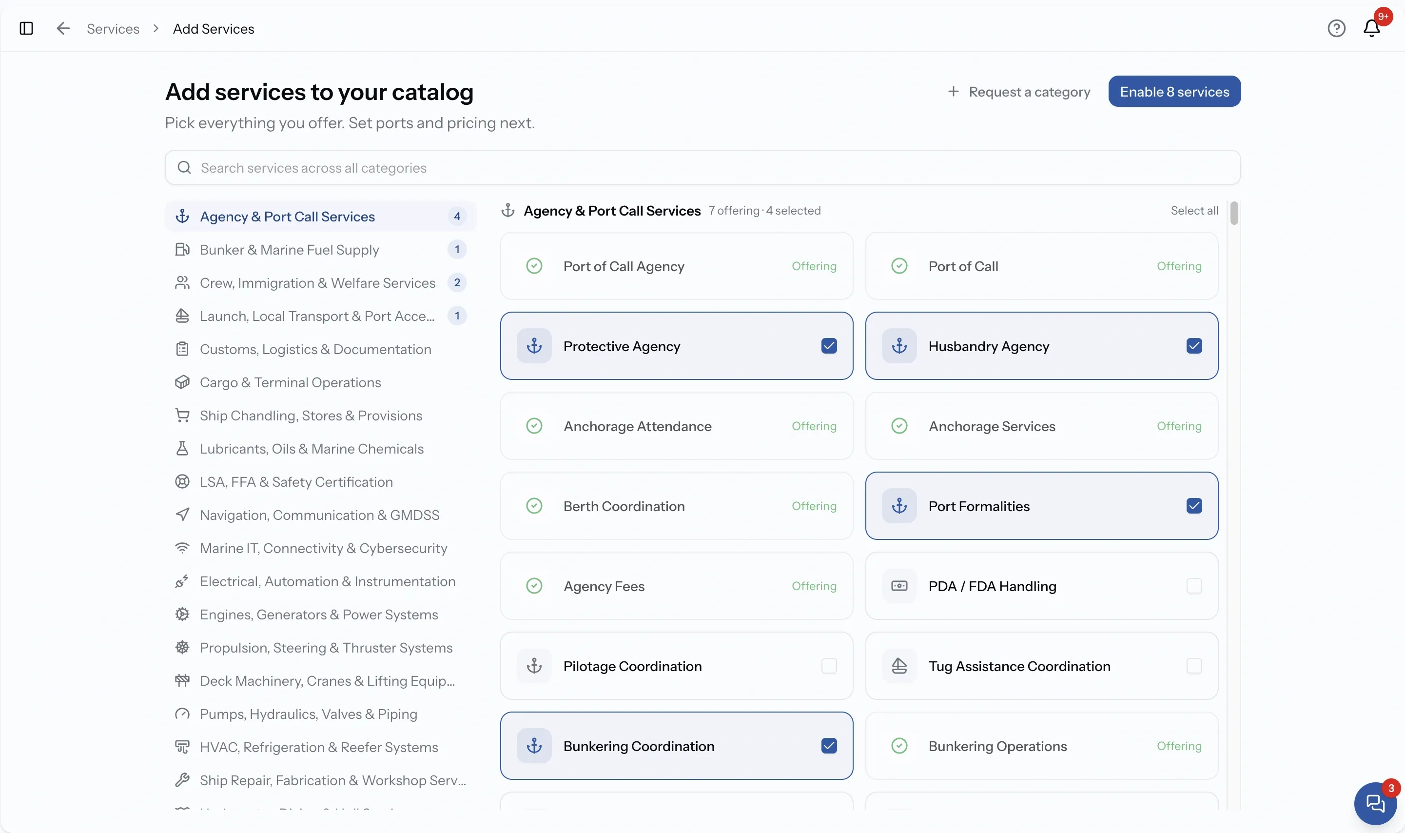 Adding services, showing categories and sub-categories with several ticked ready to confirm