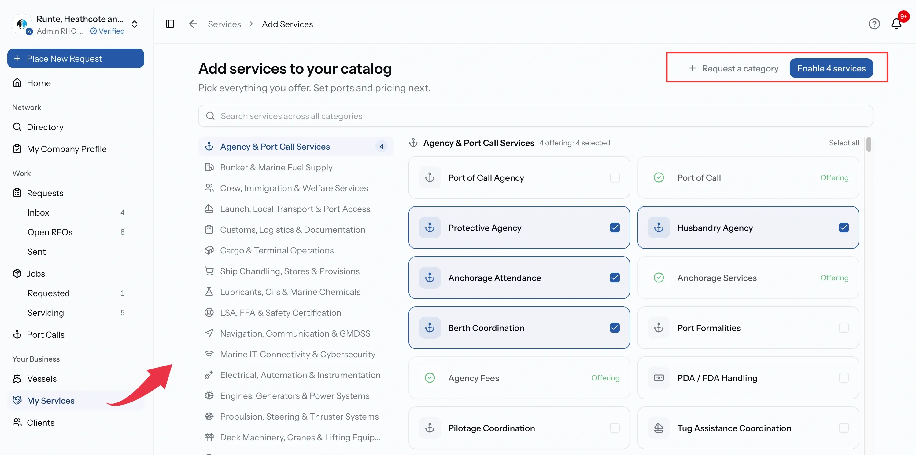 PortzApp add services page showing service categories with their sub-categories, several selected, and an Enable services action