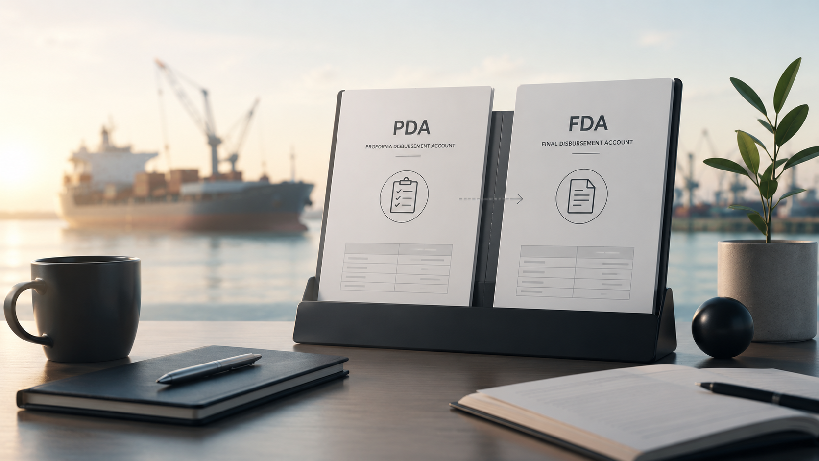 A professional maritime-themed desk scene with a blurred cargo ship and port cranes in the background. In the foreground, two documents labeled “PDA – Proforma Disbursement Account” and “FDA – Final Disbursement Account” are displayed side by side with an arrow showing the transition from PDA to FDA. A coffee mug, notebooks, pens, and a potted plant complete the office setting.