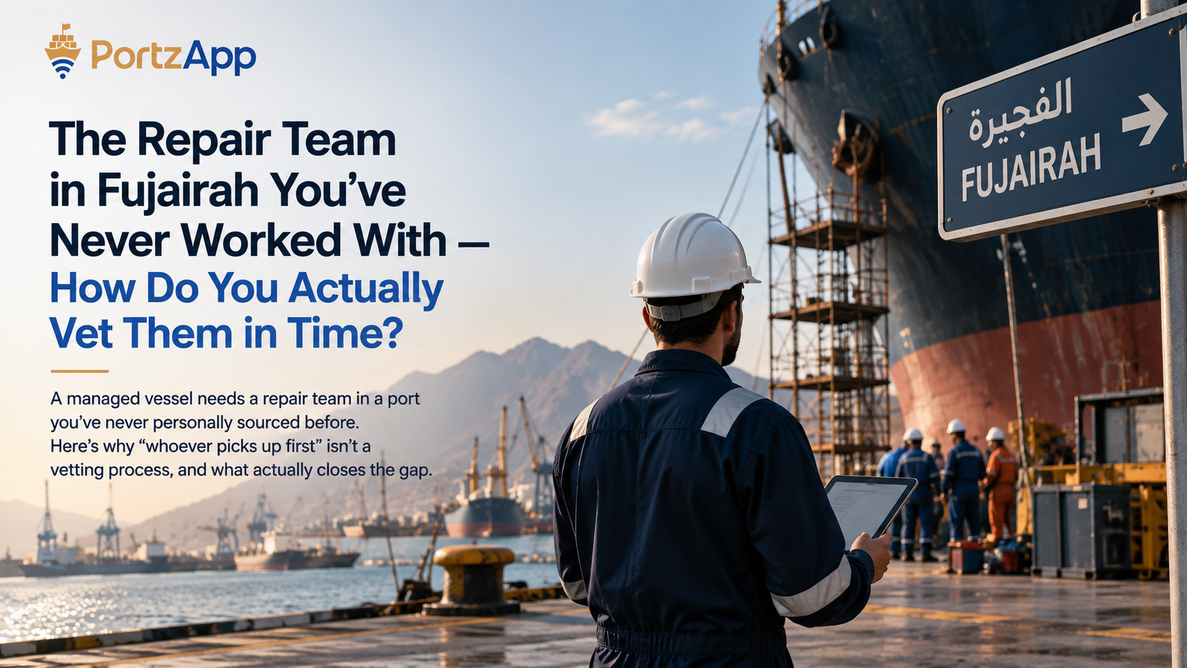 PortzApp article graphic showing a hard-hatted maritime worker holding a tablet beside a ship and repair crew in Fujairah. Headline: “The Repair Team in Fujairah You’ve Never Worked With — How Do You Actually Vet Them in Time?”