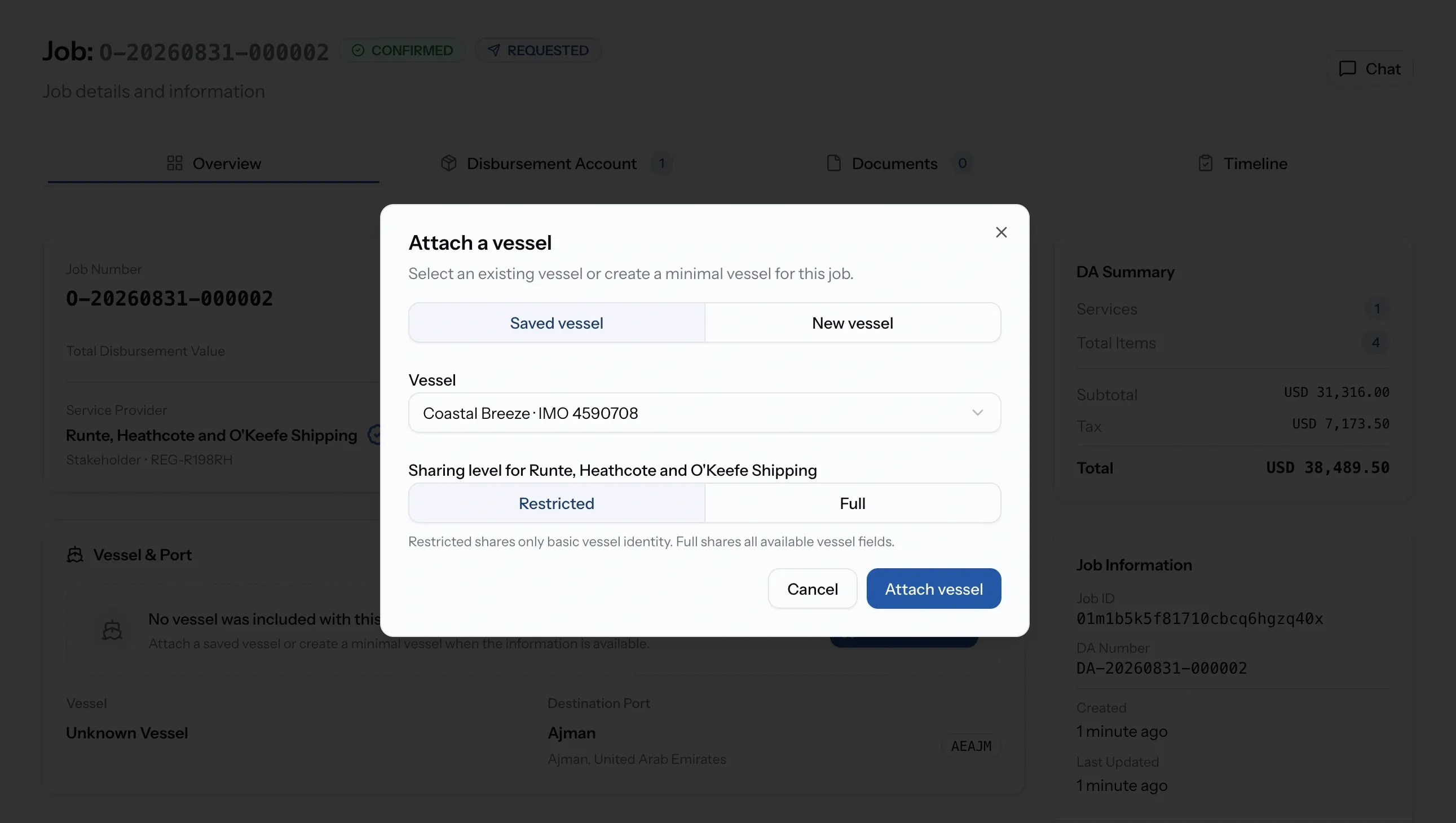 PortzApp attach a vessel dialog showing the choice between a saved and a new vessel, and a restricted or full sharing level for the provider