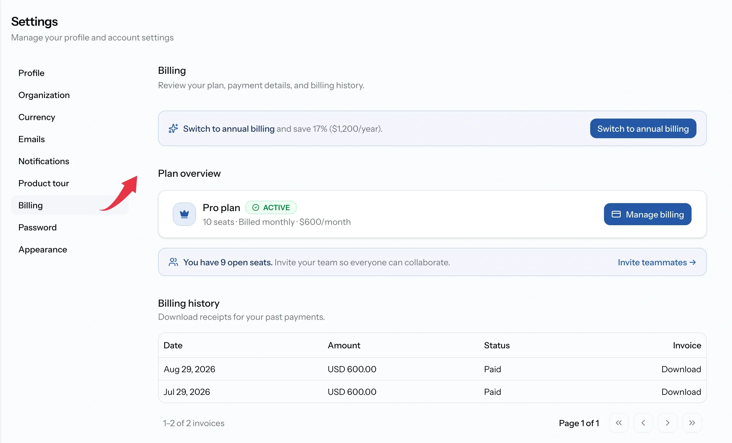 PortzApp billing page showing plan overview with seat count and price, payment details, and a billing history table with downloadable invoices