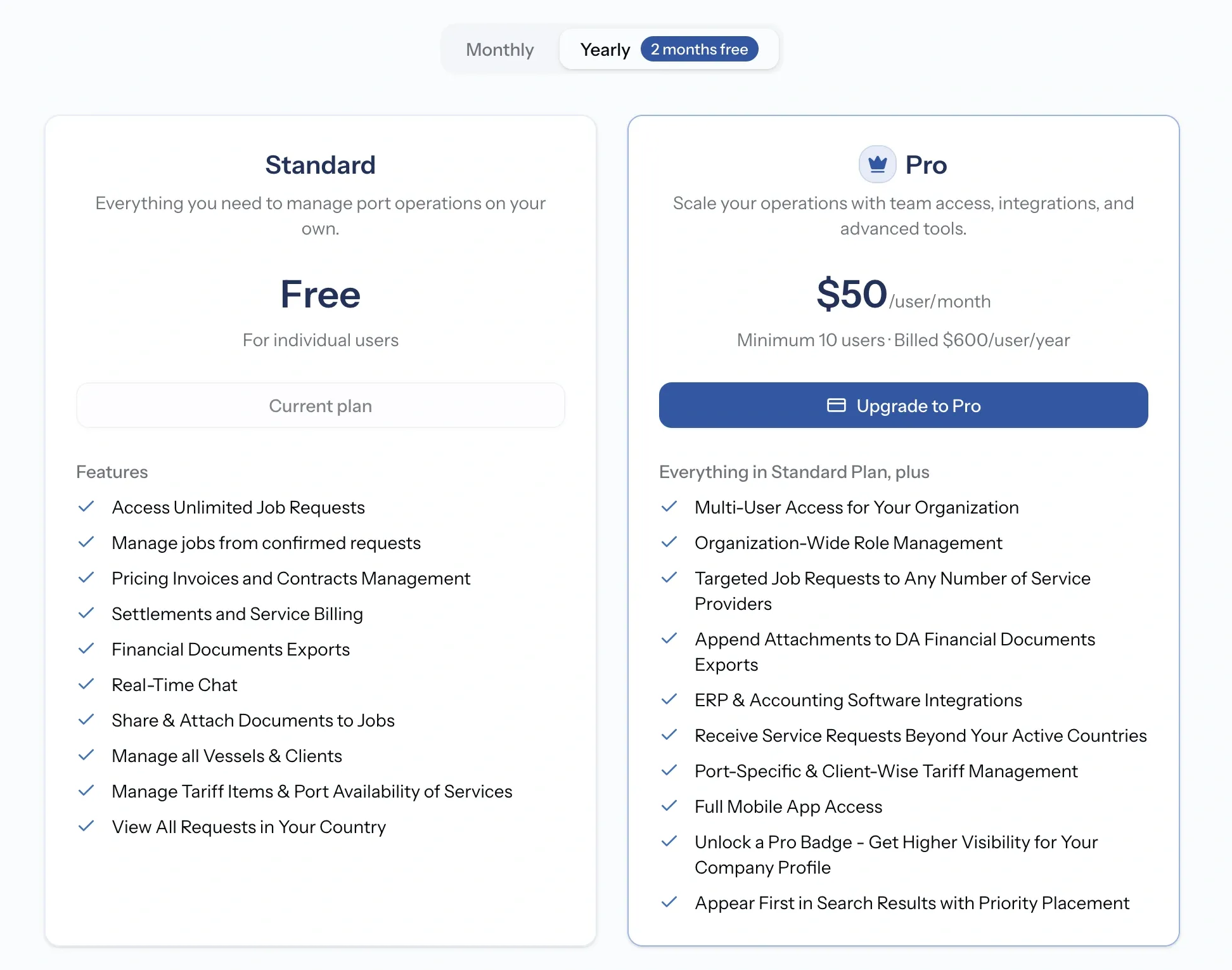 PortzApp plan cards showing the free Standard plan beside Pro with its per-user price and feature list