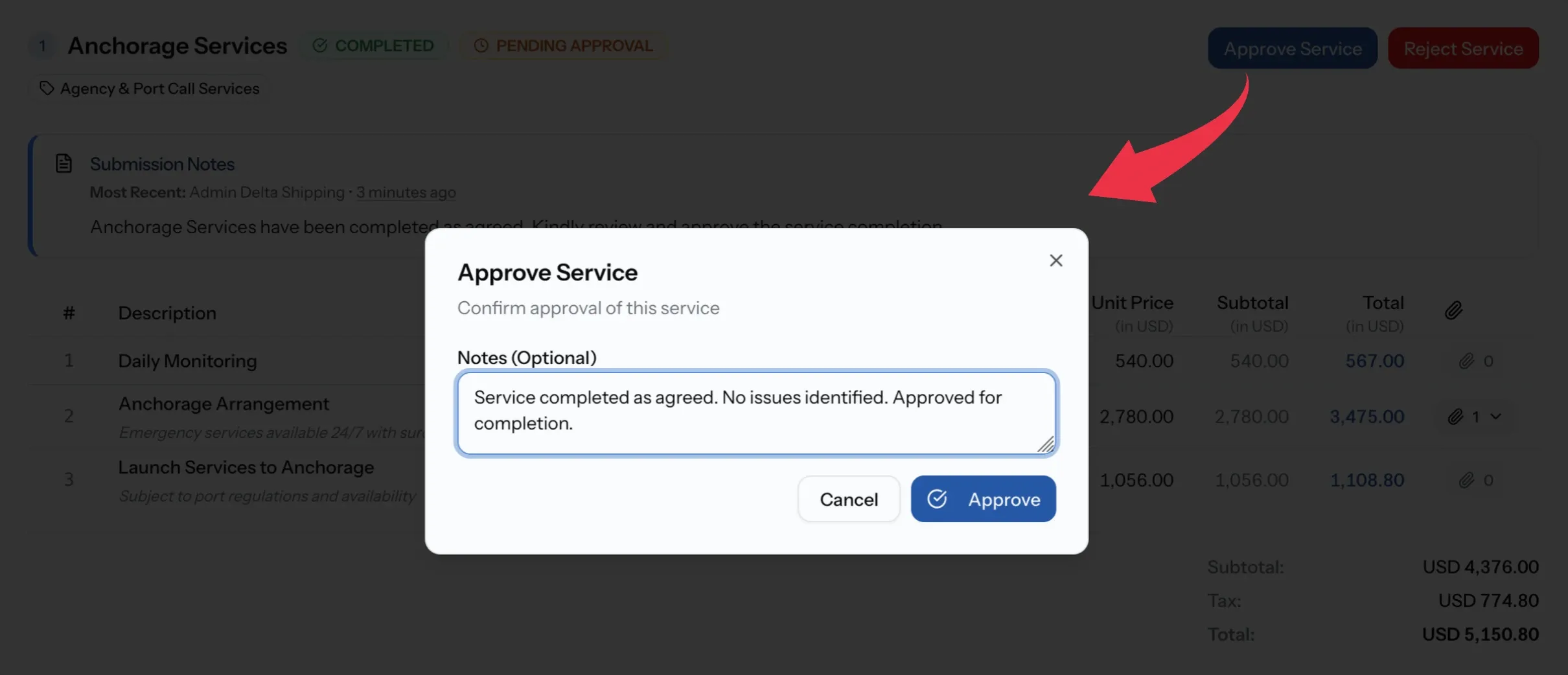 Approve Service window with an optional note