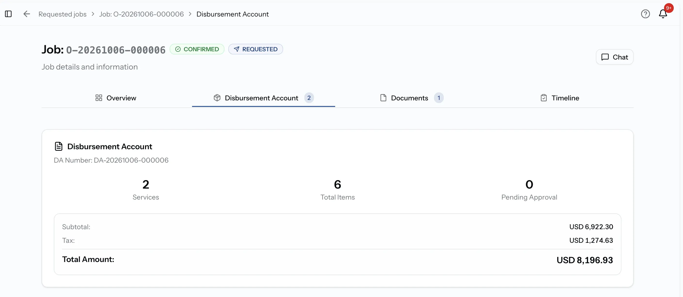 Job header with its status, Chat and the DA summary