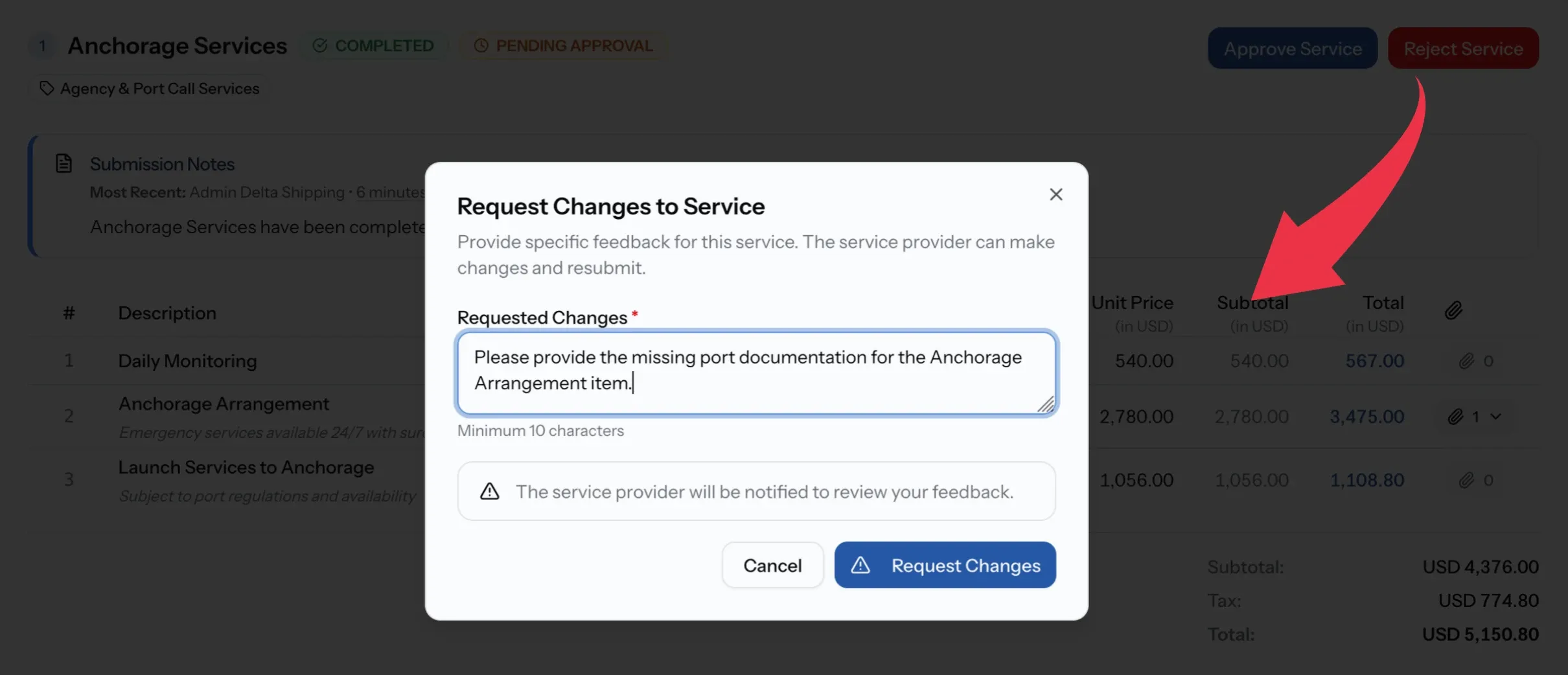 Request Changes to Service window with a reason typed