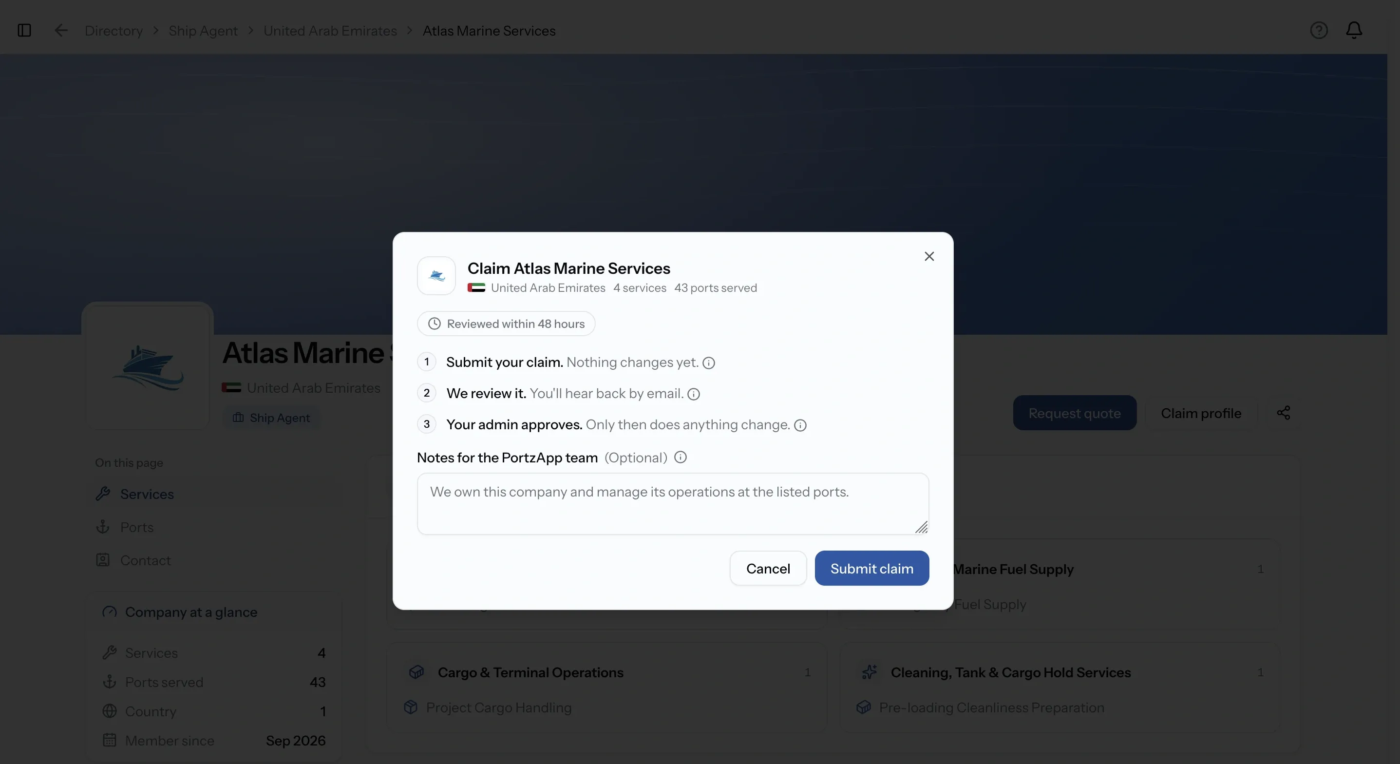 Claim dialog showing the company name, a note that it is reviewed within 48 hours, a Notes for the PortzApp team field, and Cancel and Submit claim buttons