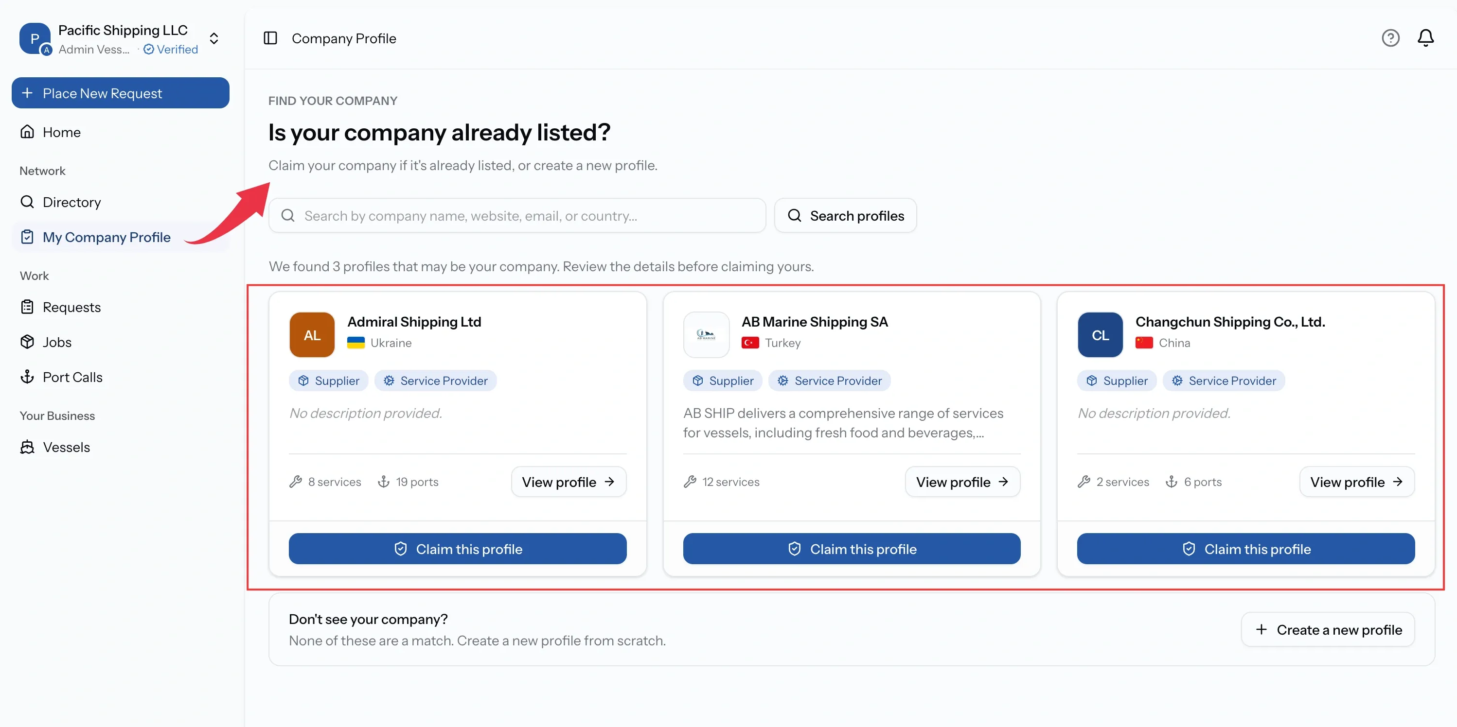 Profile setup showing similar companies PortzApp has matched, each with an option to claim