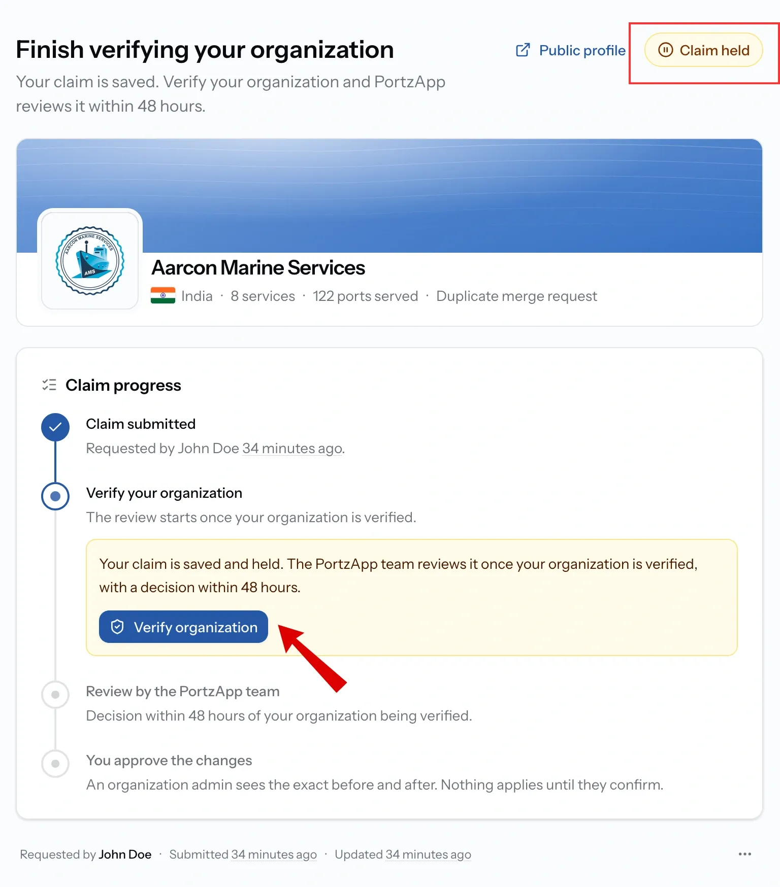 Claim page headed Finish verifying your organization with a Claim held badge, showing the four step Claim progress stepper and a Verify organization button