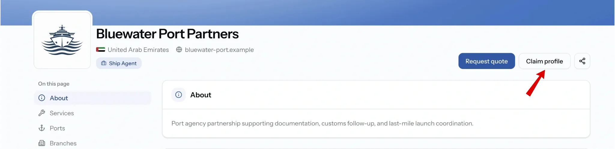 PortzApp company page showing the Claim profile action on an unclaimed listing