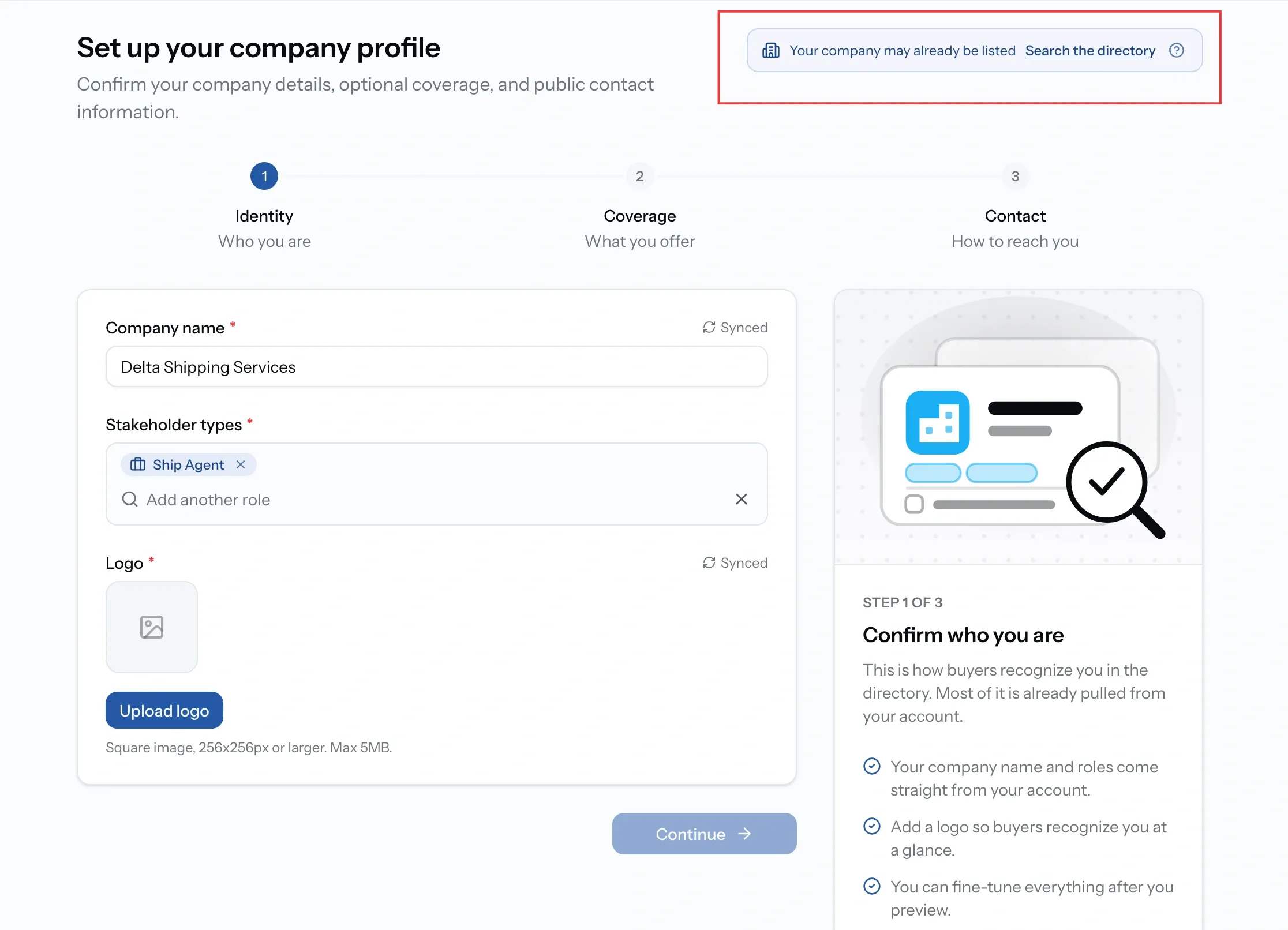 Step one of company profile setup with a Your company may already be listed prompt at the top and a link to search the directory