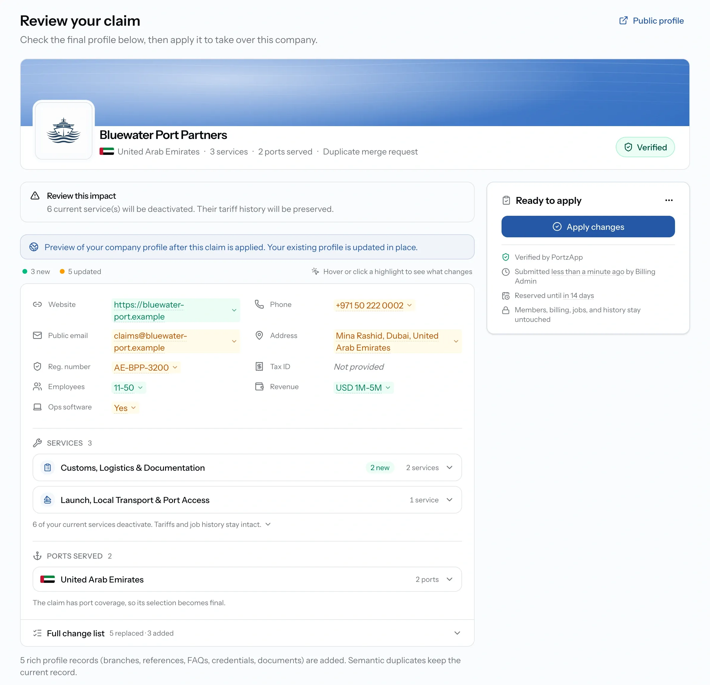 PortzApp Review your claim screen showing the merged profile preview with highlighted changes, an impact warning, and the Ready to apply card