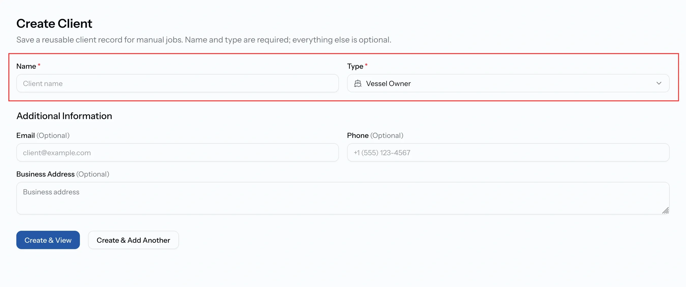 PortzApp create client form showing required name and type fields above optional email, phone and address