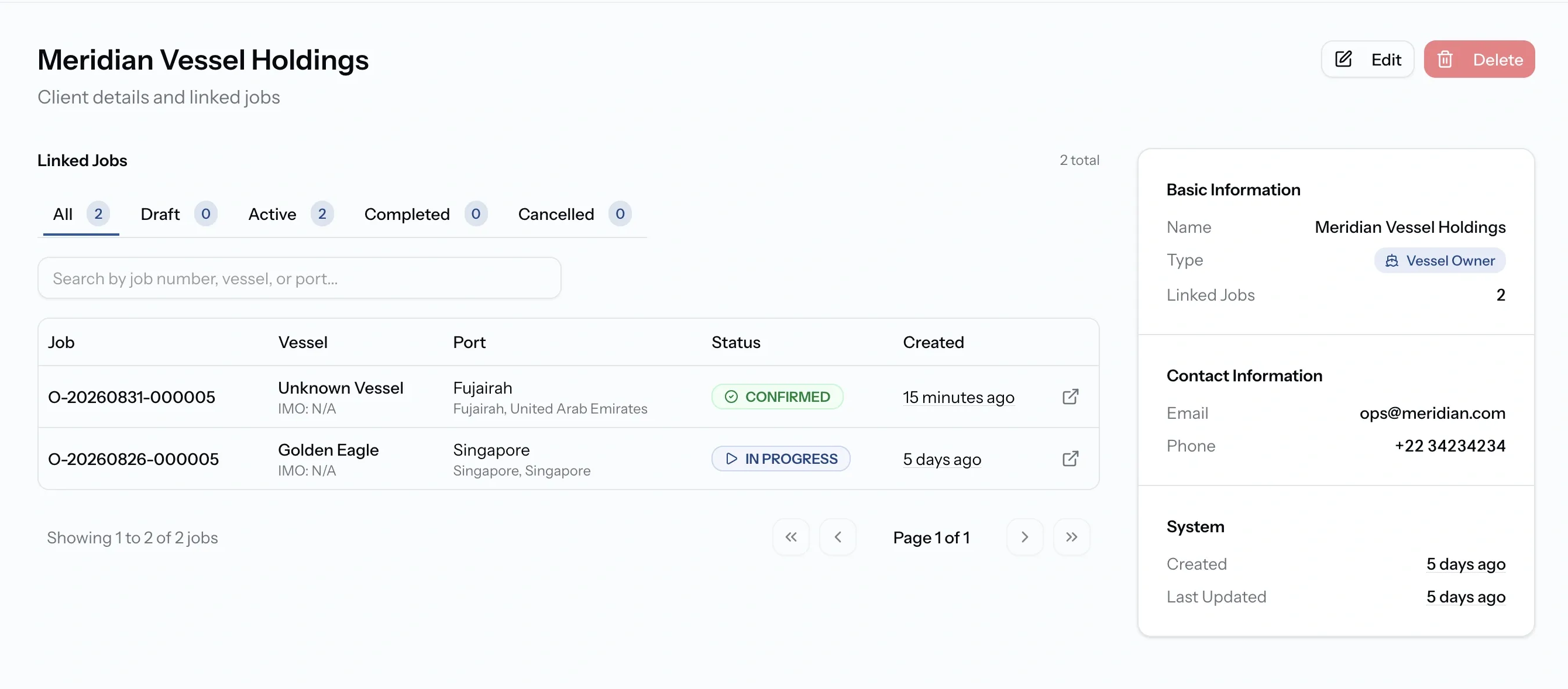 PortzApp client page showing contact details alongside a linked jobs list with All, Draft, Active, Completed and Cancelled tabs