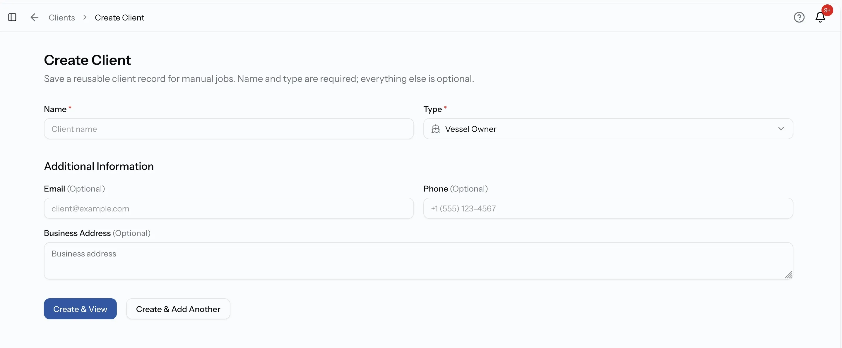 Create Client form with name, type and contact details
