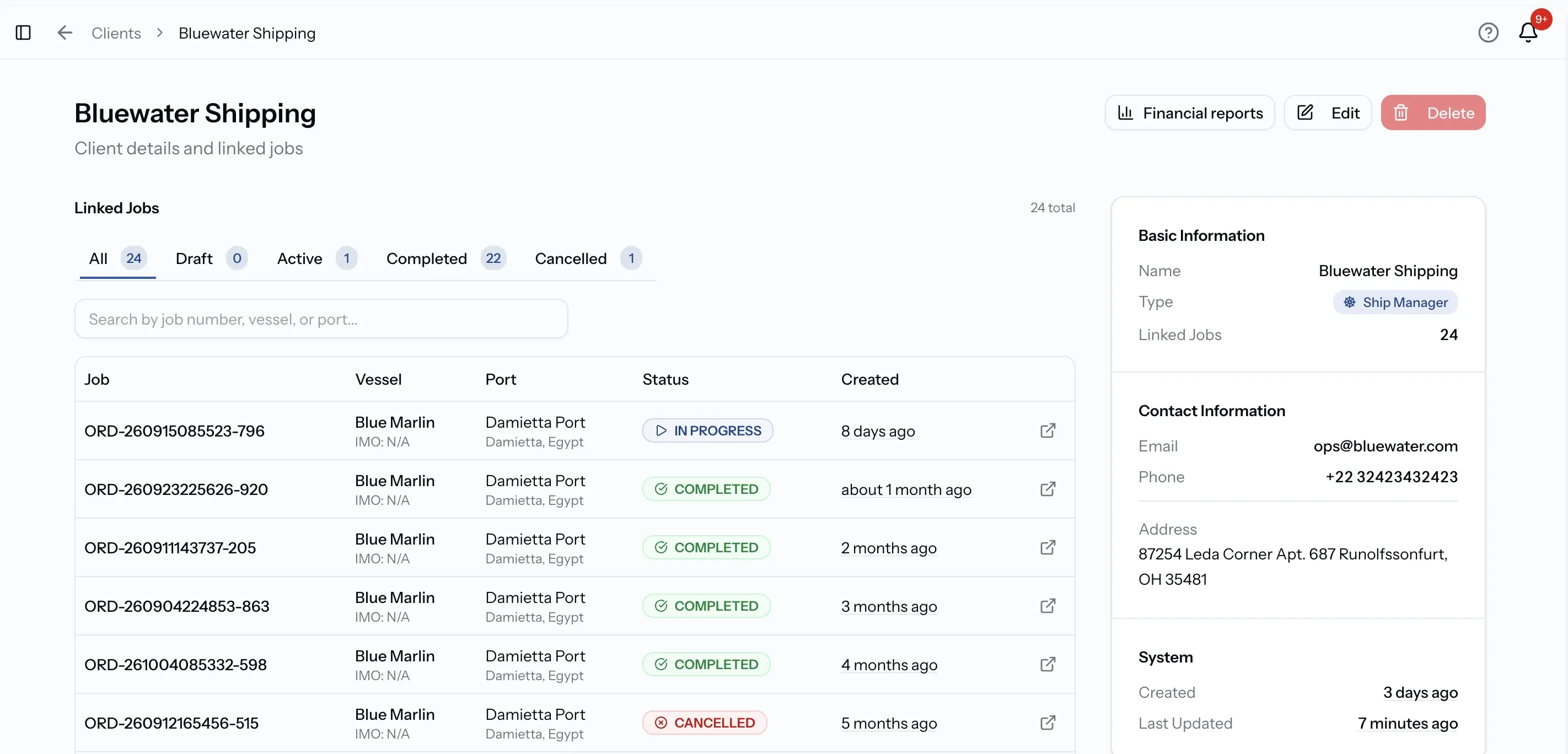 Client record with details and linked jobs