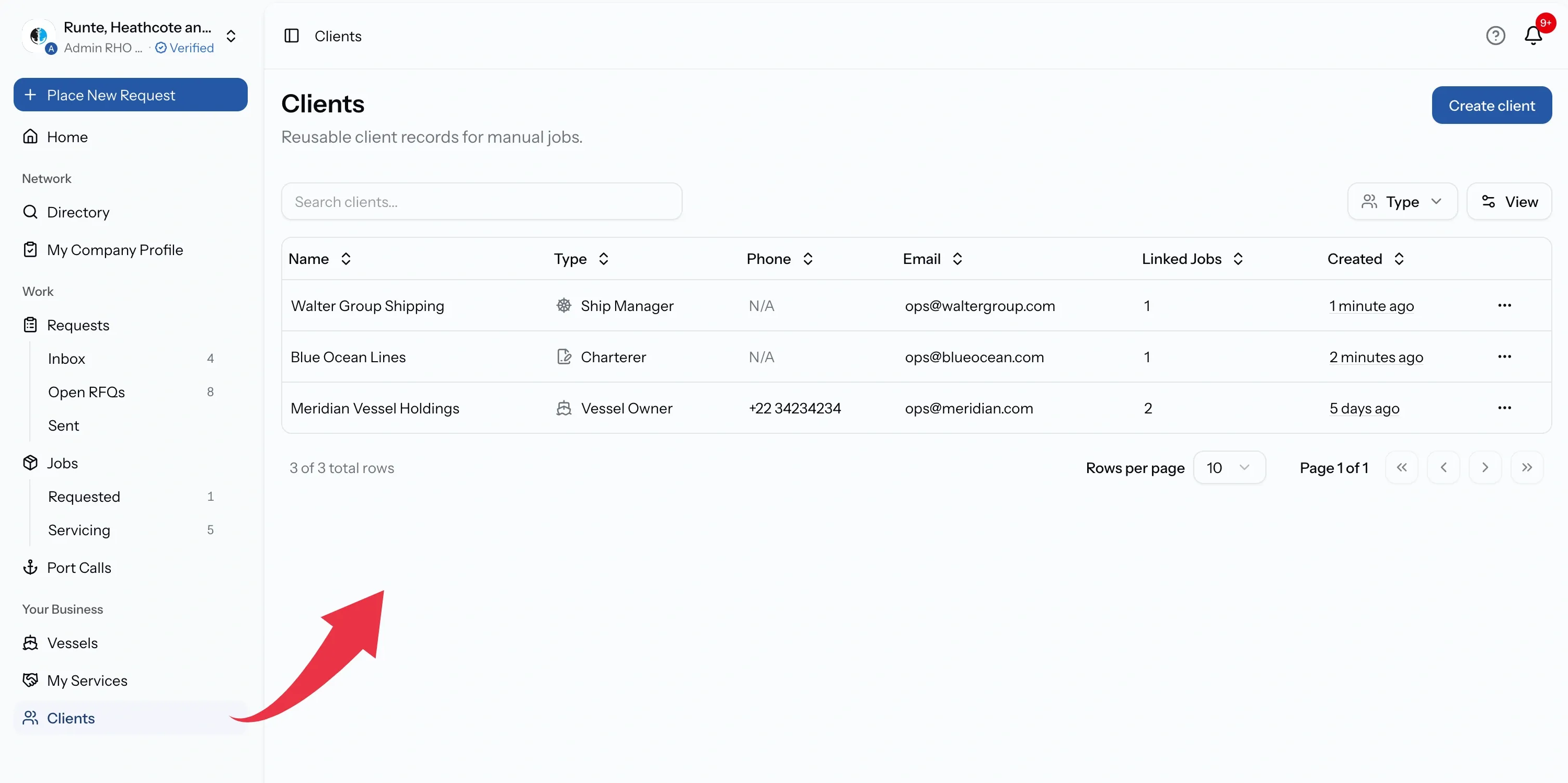 PortzApp Clients page listing saved client records with their types and linked job counts, above a search field