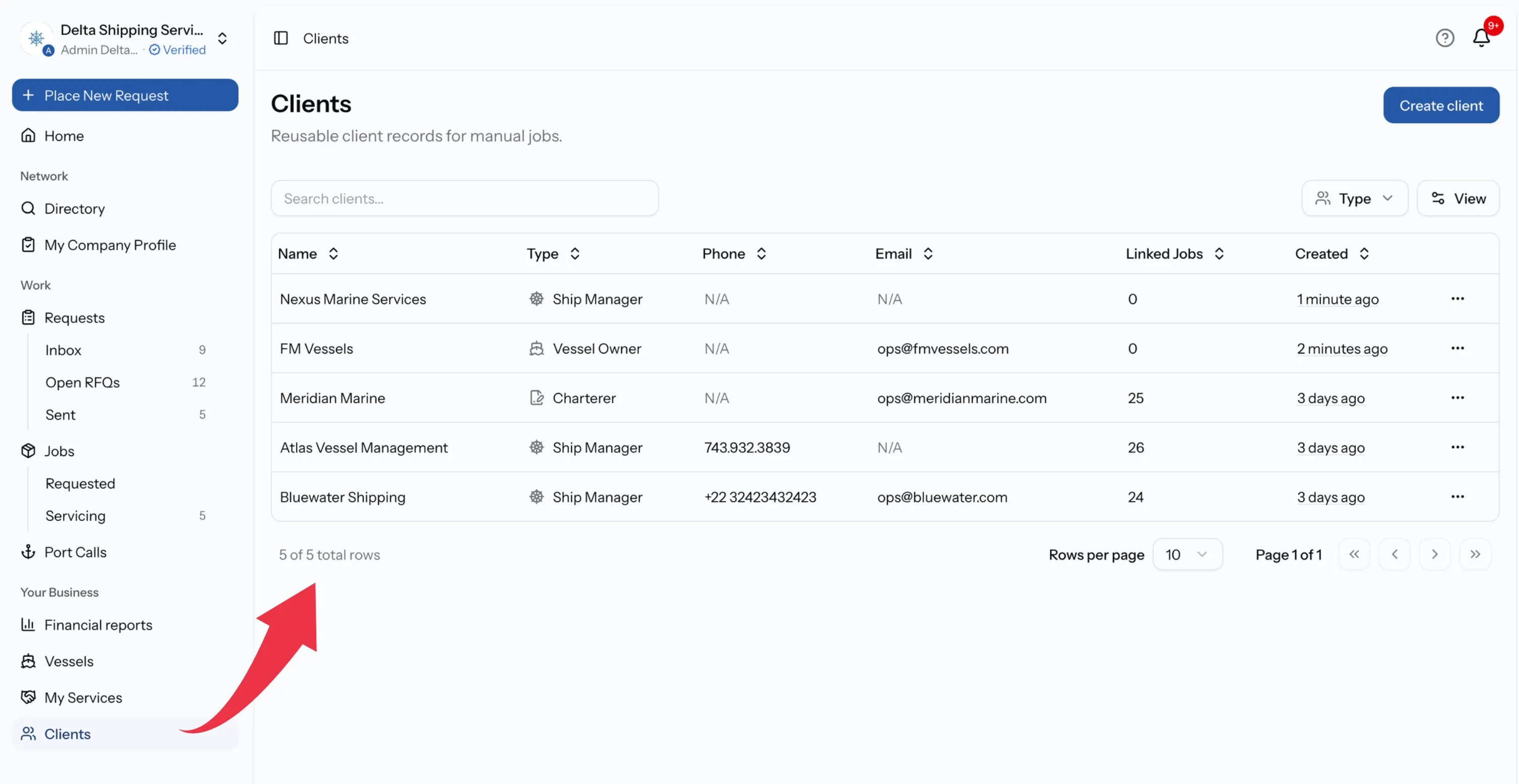 Clients list with name, type, contact details and linked jobs