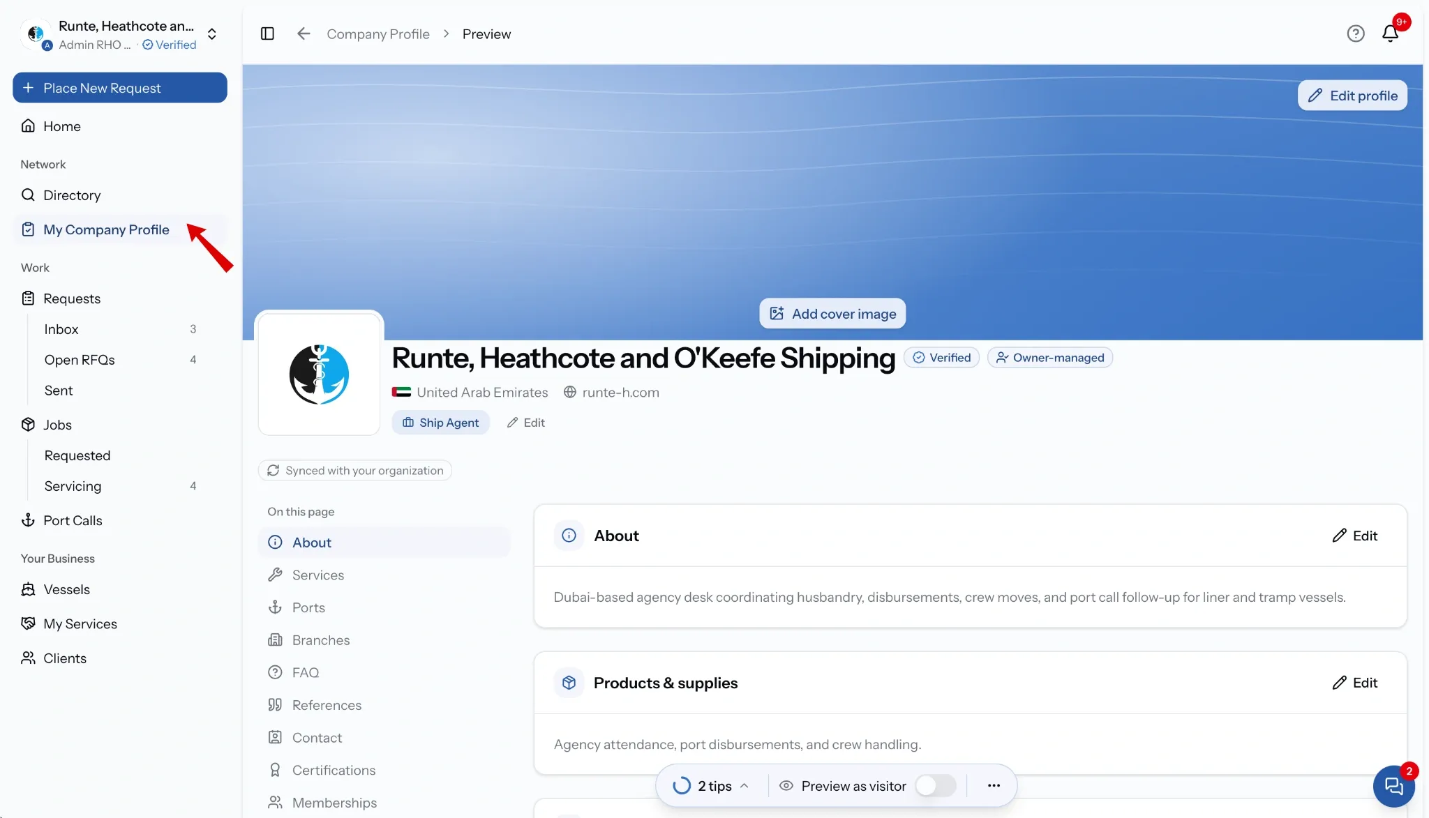 PortzApp sidebar with My Company Profile highlighted, opening the profile preview with its cover, badges, and section navigation