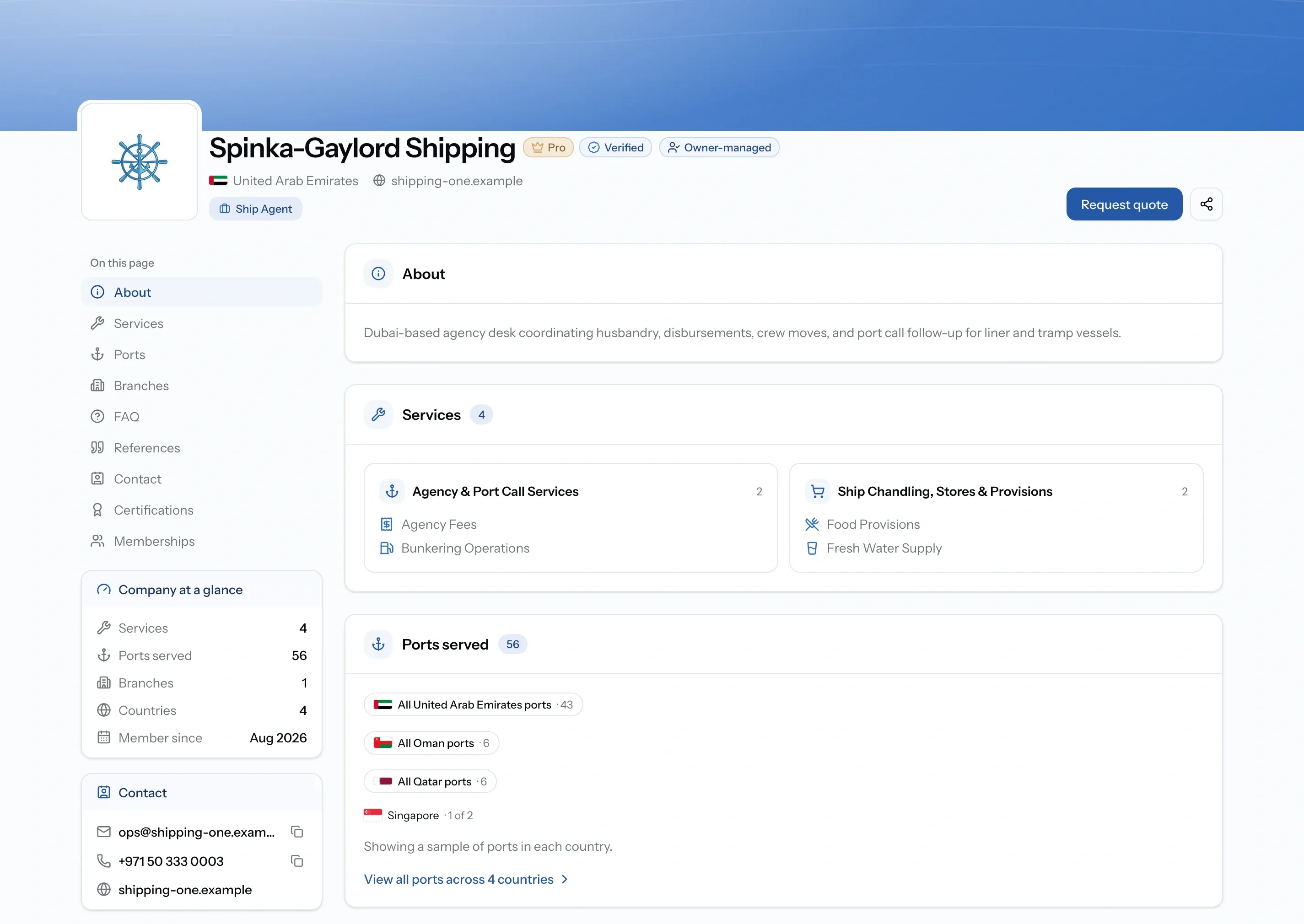 PortzApp company profile showing the about section, services offered, and ports served