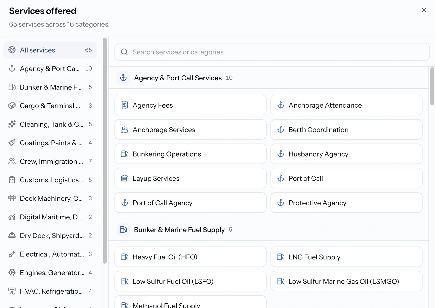 PortzApp services offered view listing 65 services across 16 categories, grouped by category with a filter rail and search