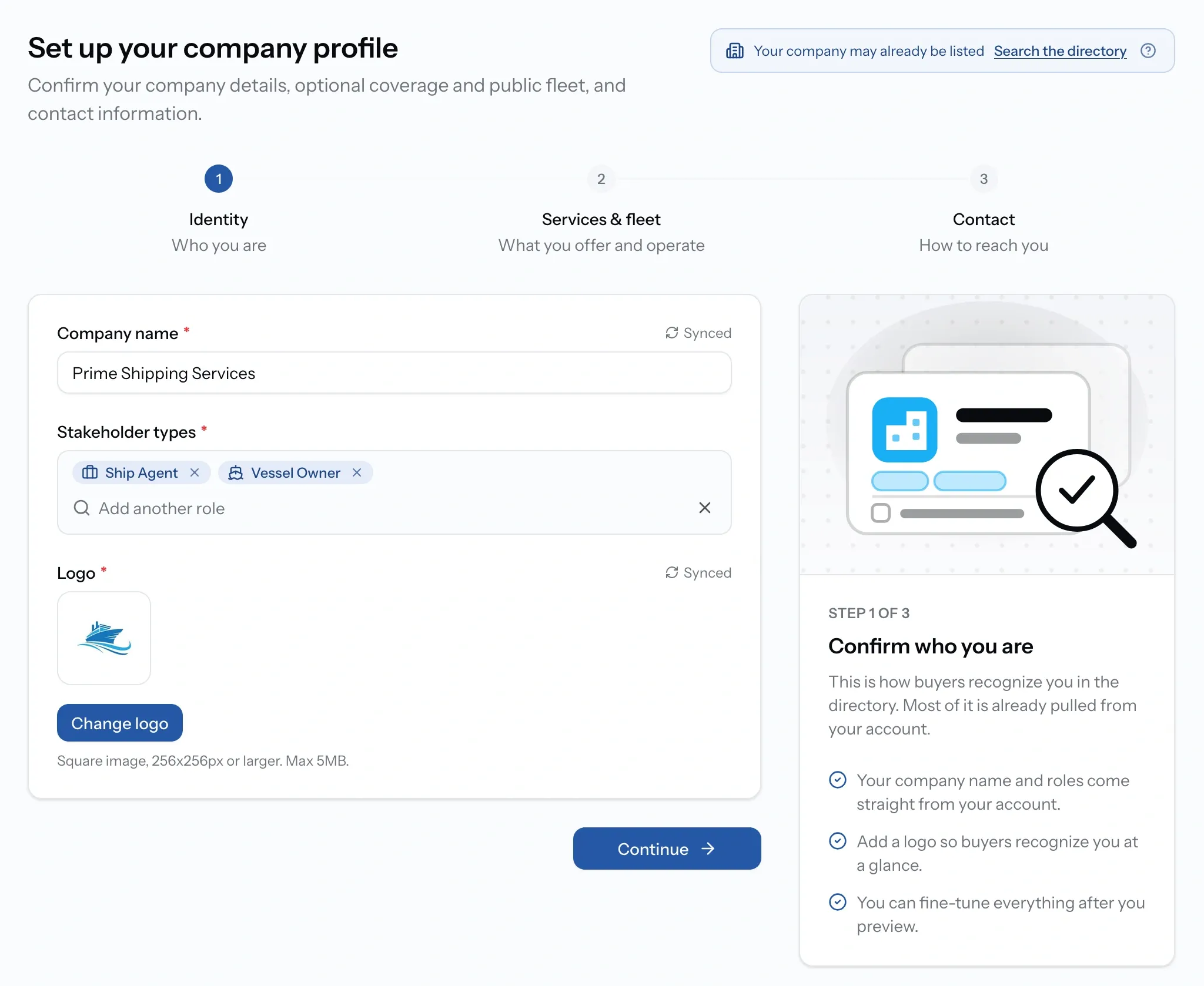 PortzApp company profile setup on step one of three, showing company name, stakeholder types, and logo fields alongside a panel explaining the step