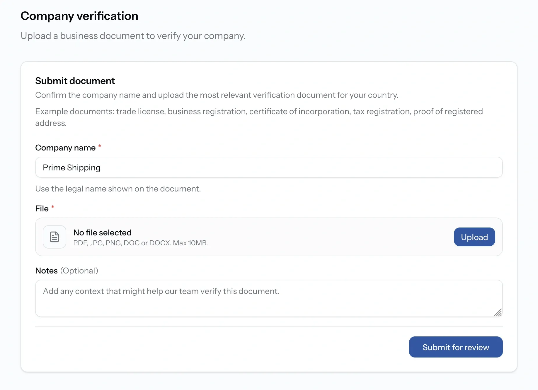 PortzApp Submit document screen showing company name confirmation, the document type options, and file upload