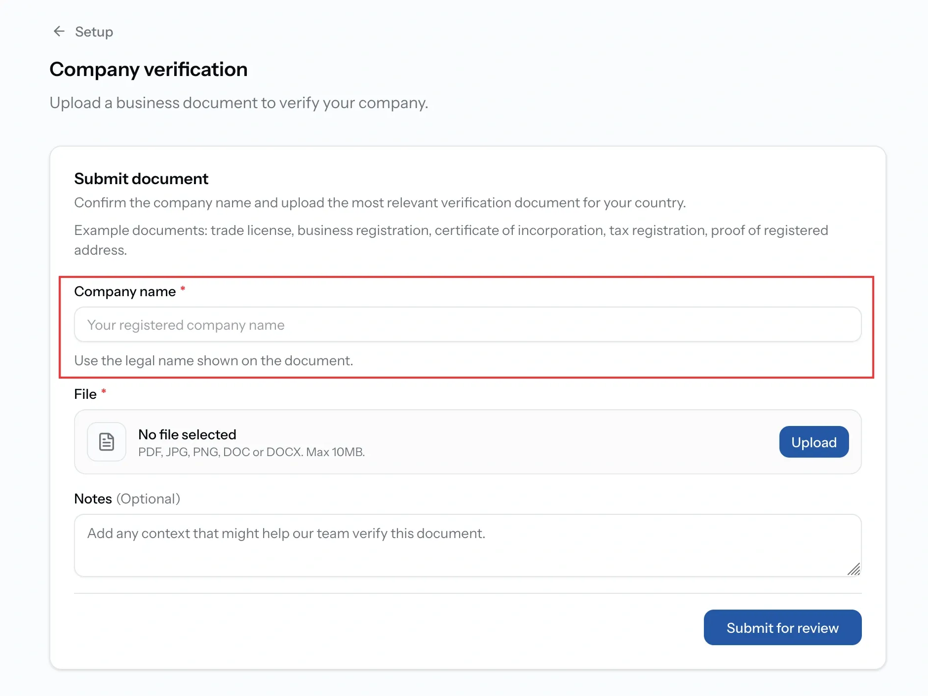 Company verification form with the company name field annotated, showing the registered name typed in exactly as it appears on the supporting document