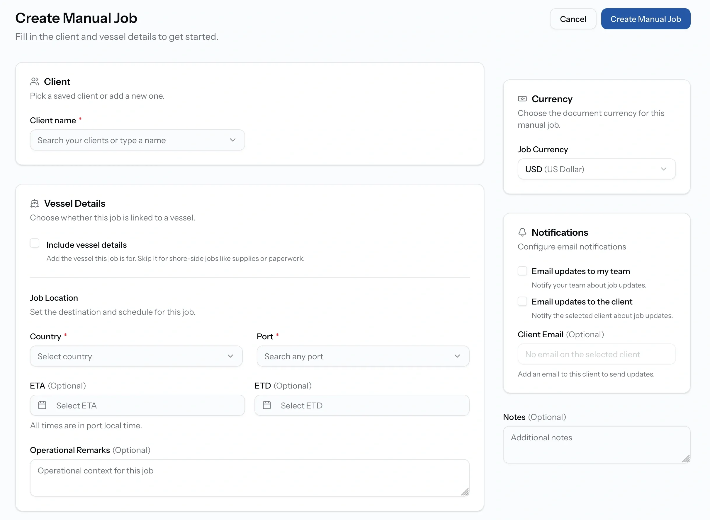 PortzApp create manual job form showing client selection, vessel details toggle, job location with country and port, currency, and email notification options