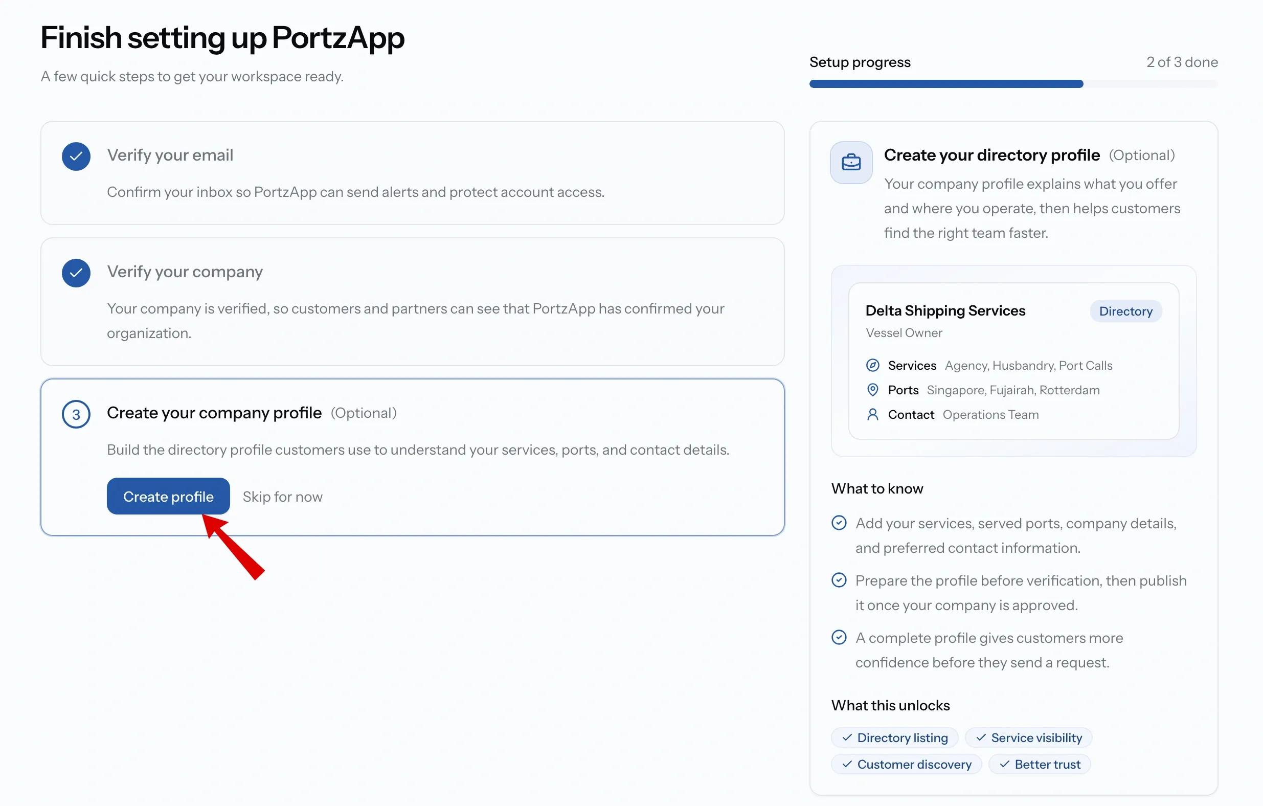 Setup checklist with the first two tasks marked Done and the Create your company profile task highlighted, with a Skip for now link beside it