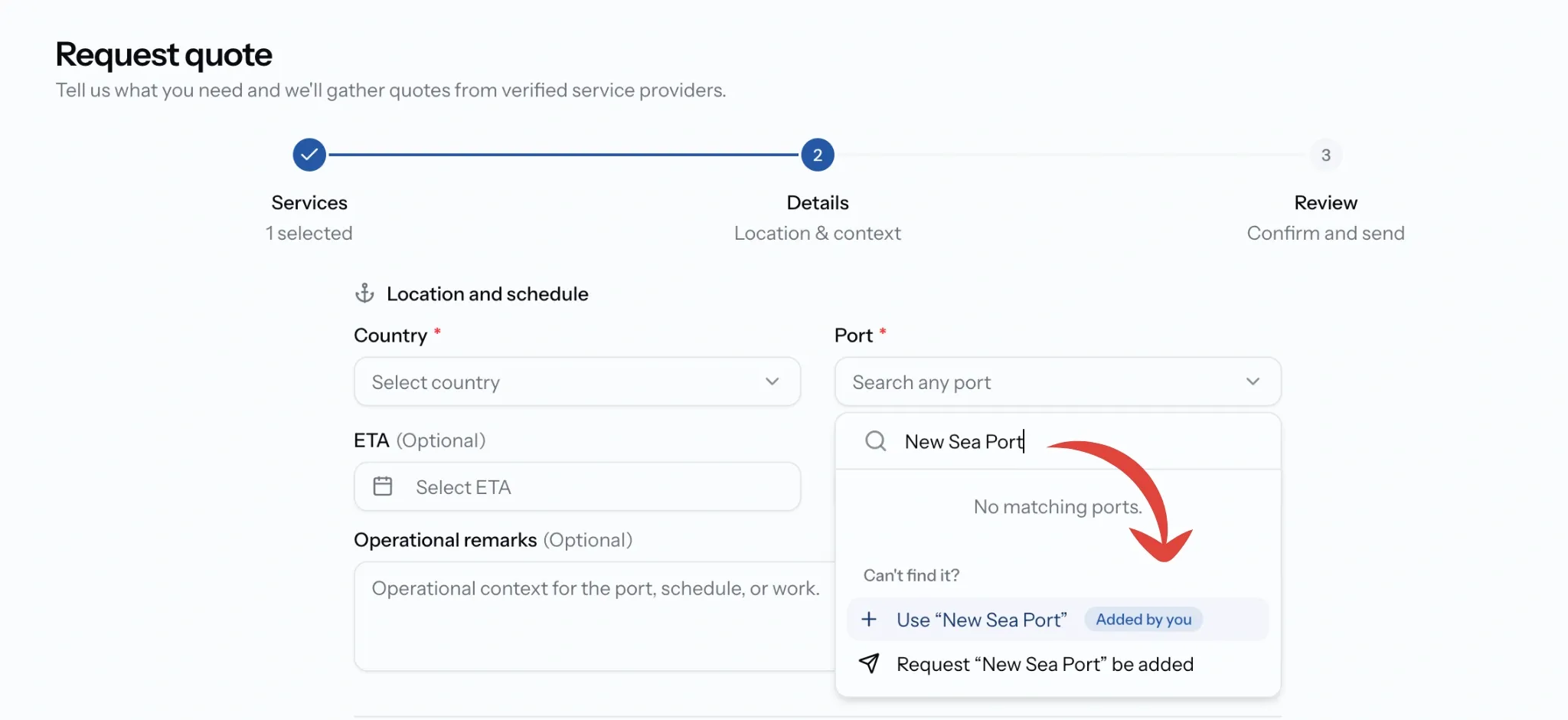 PortzApp request form port field showing no matching ports, with options to use the typed name or request it be added
