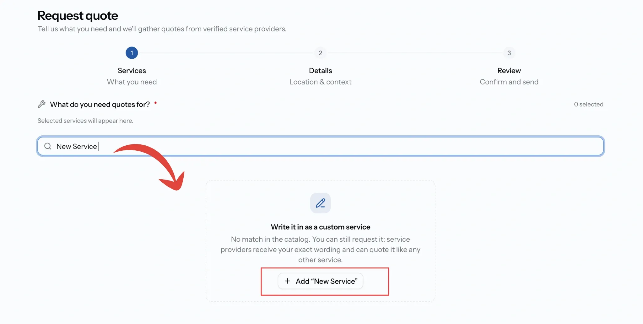 PortzApp request form services step showing a typed service with no match and the option to add it as a custom service