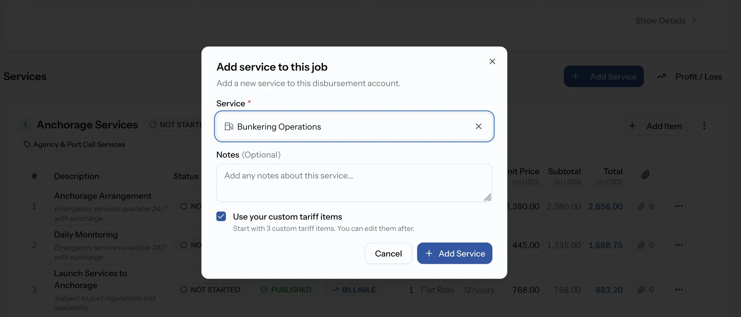 Add service to this job dialog with a service selected