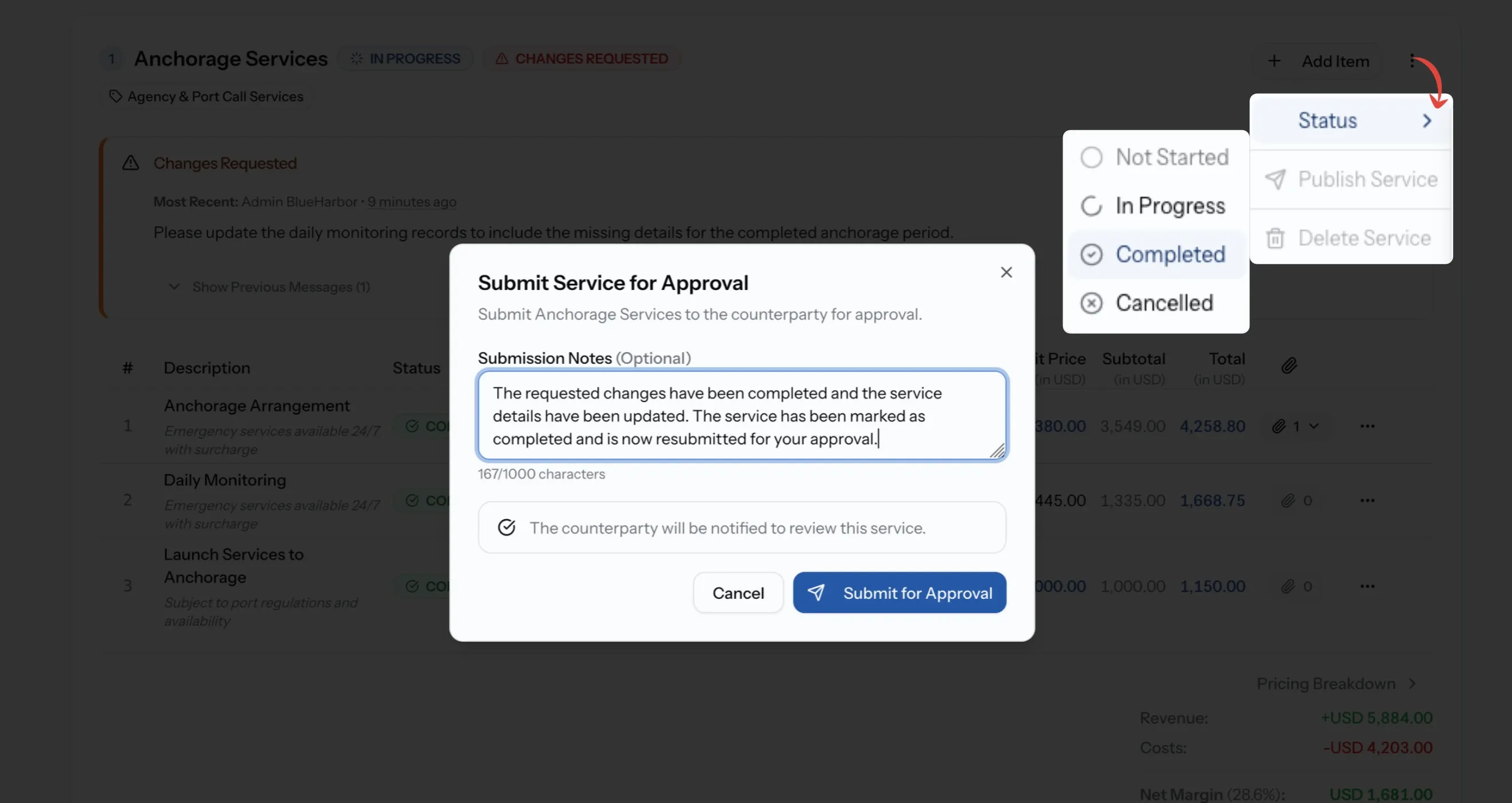 Changes Requested service moved back to In Progress after an edit