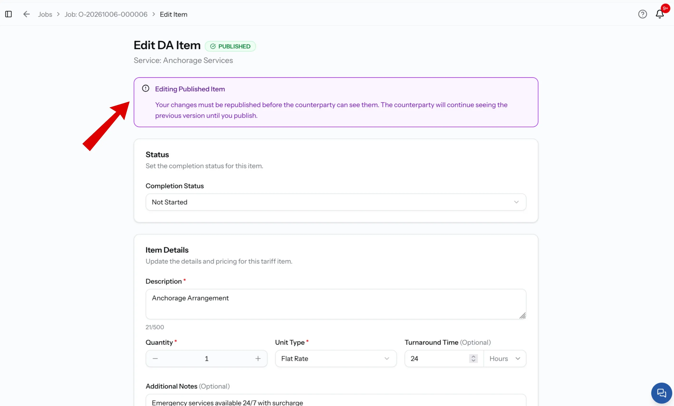 Edit item form with the Editing Published Item banner