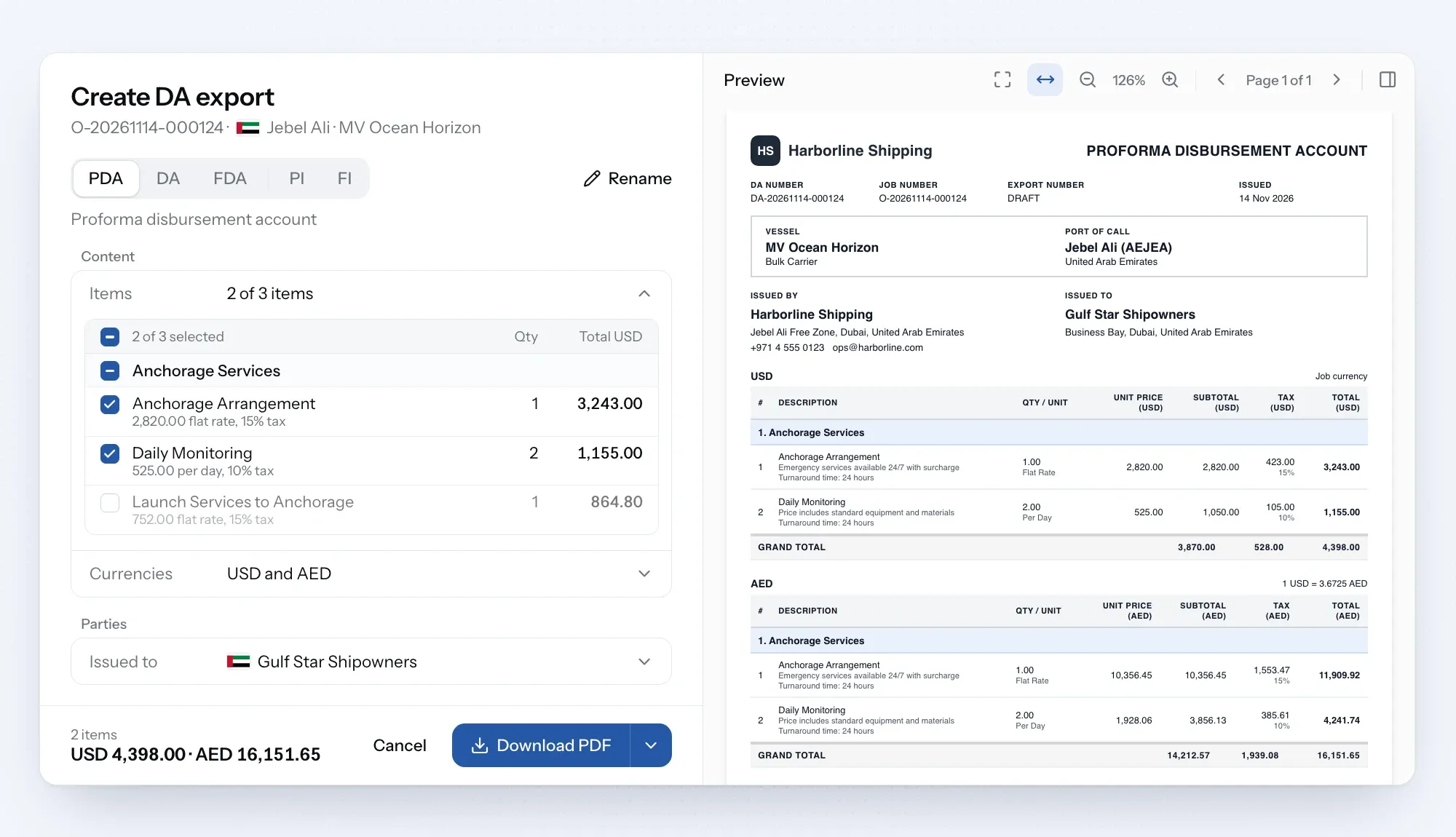 Create DA export screen with document types, download options and export history.