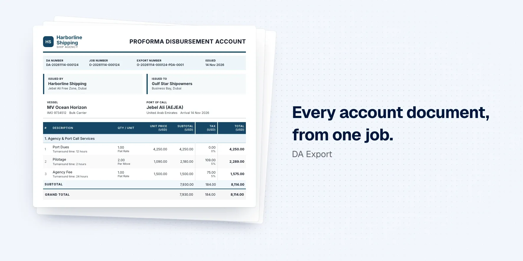 Proforma disbursement account PDF with charges, tax and totals.