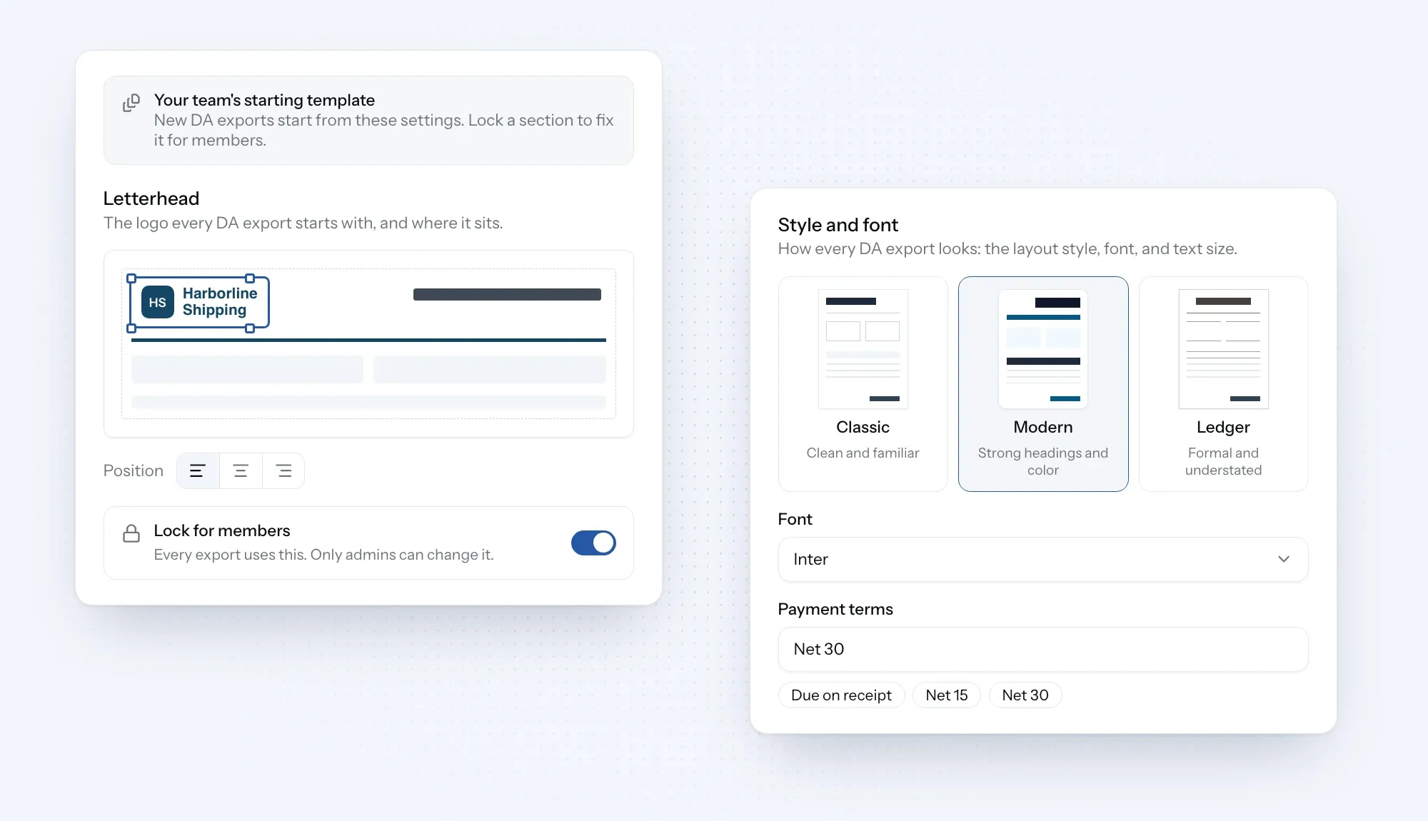 DA export settings with letterhead placement, design options and a lock for members.
