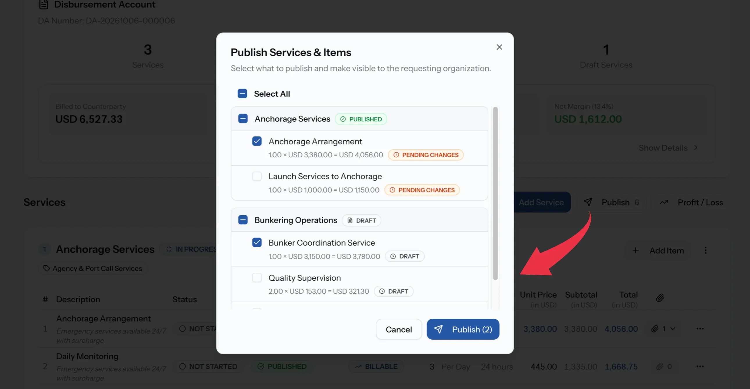 Publish Services & Items dialog with items ticked