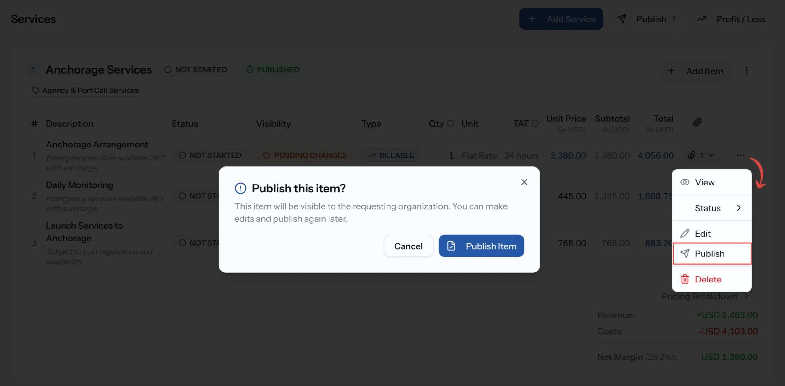 Publish this item confirmation dialog