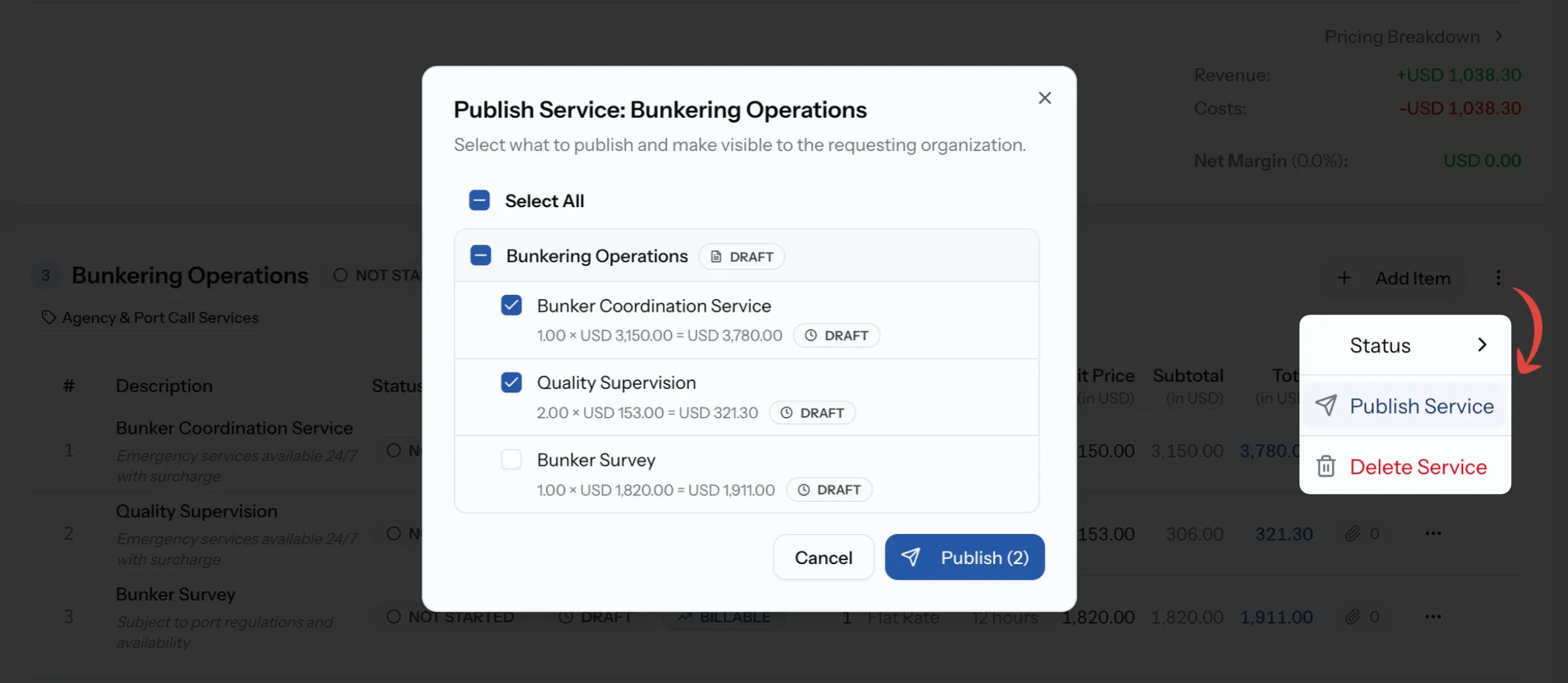 Publish Service dialog listing one service's items