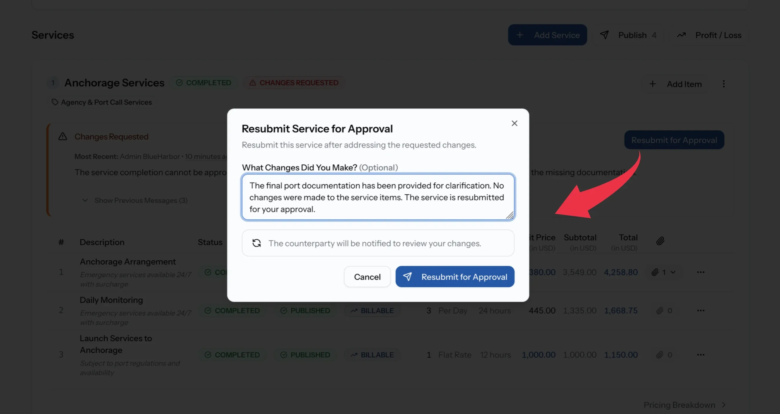 Resubmit for Approval dialog with a clarification note