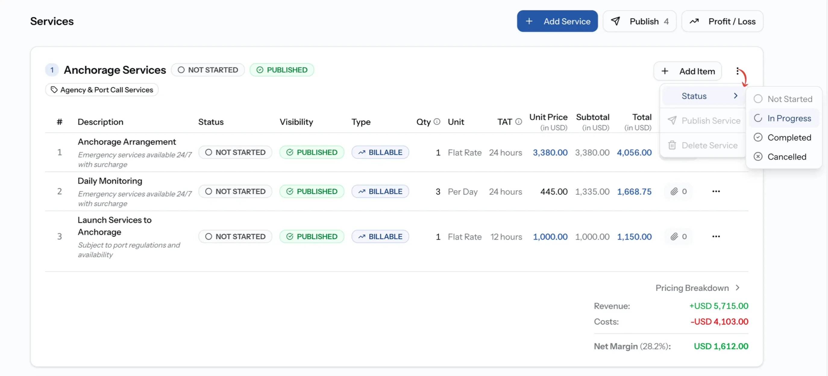 Service card menu with the Status options open