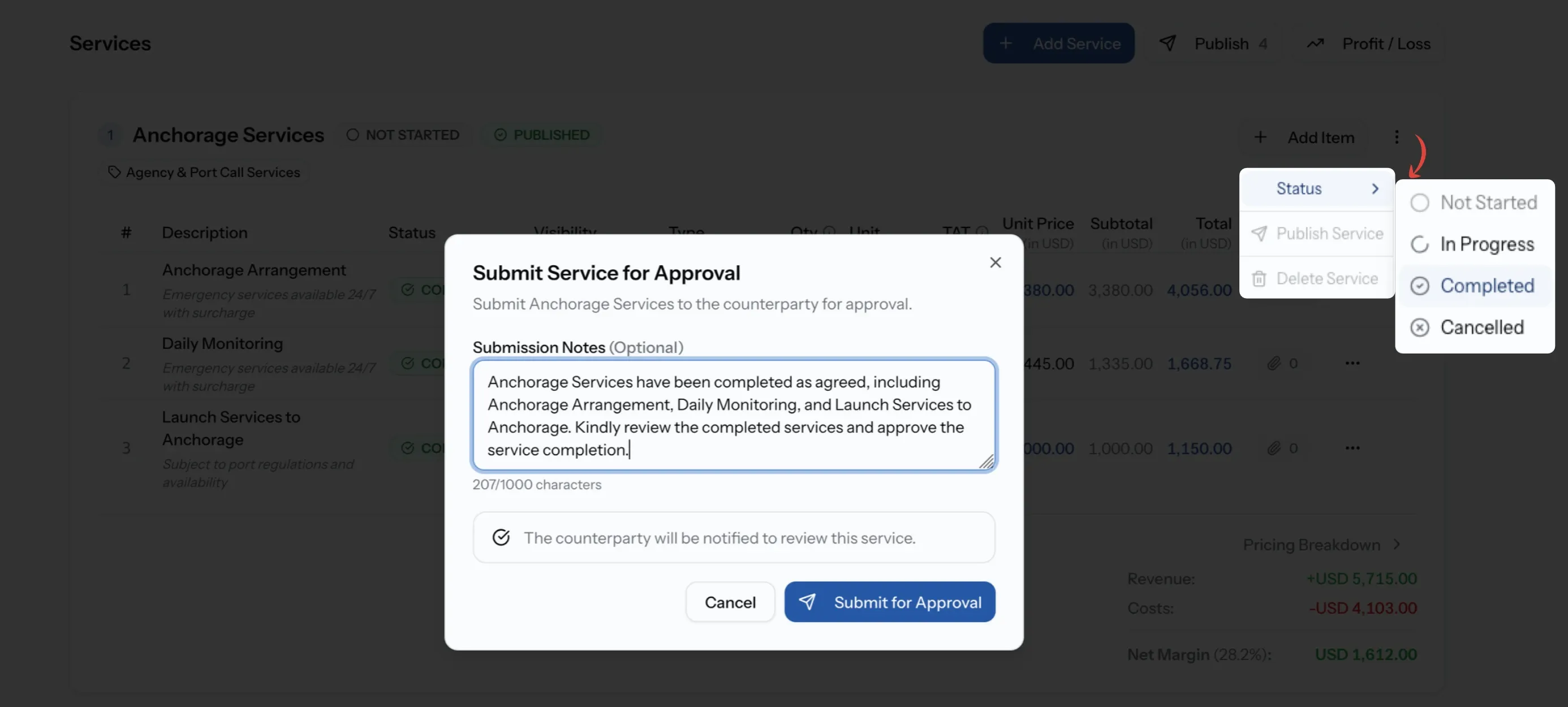 Submit Service for Approval dialog with notes