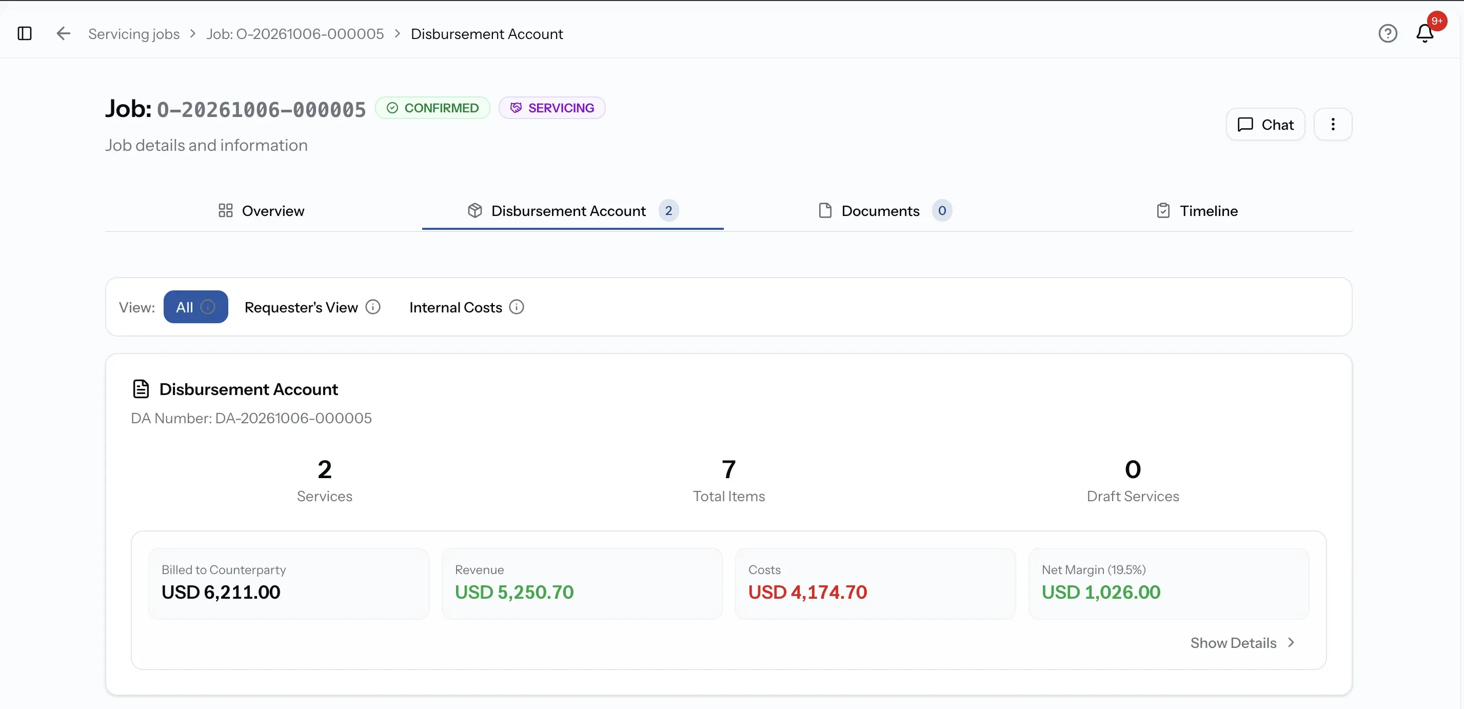 Disbursement Account tab with services and account views