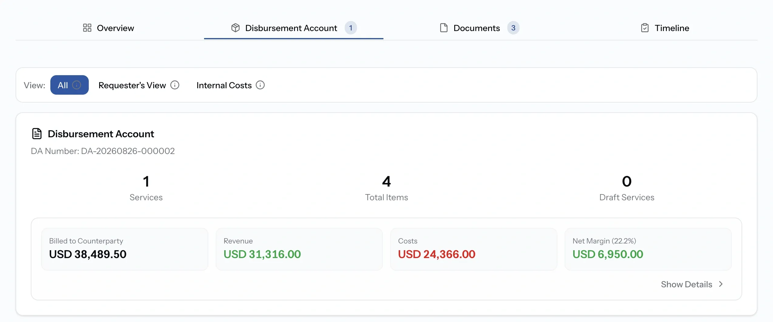 PortzApp disbursement account view selector showing all items, the requester's view, and internal costs