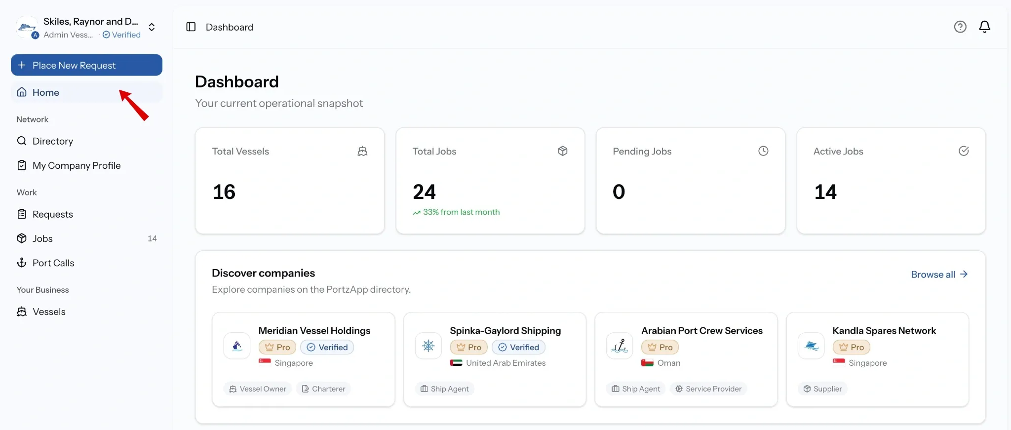 ortzApp sidebar with Home highlighted, opening the dashboard with its counts and the Discover companies panel